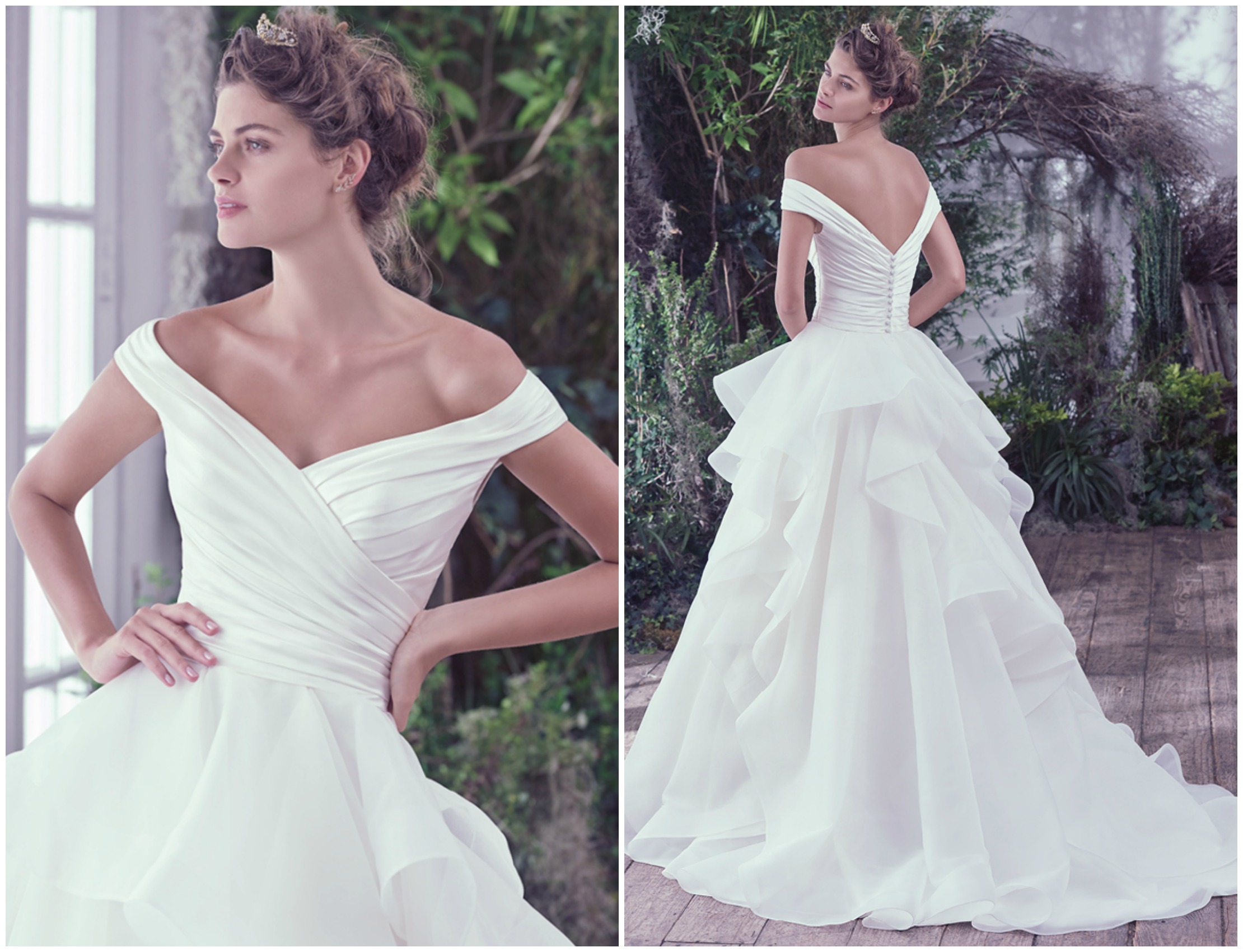 Asymmetrically pleated L’Amour satin creates a refined fitted bodice before flaring into a sculptured Venice organza ball gown skirt featuring horsehair edged layers. Off-the-shoulder sleeves create a portrait neckline flaunting an exquisitely romantic style. Finished with covered buttons over zipper closure.
<a href="https://www.maggiesottero.com/maggie-sottero/zulani/9752" target="_blank">Maggie Sottero</a>