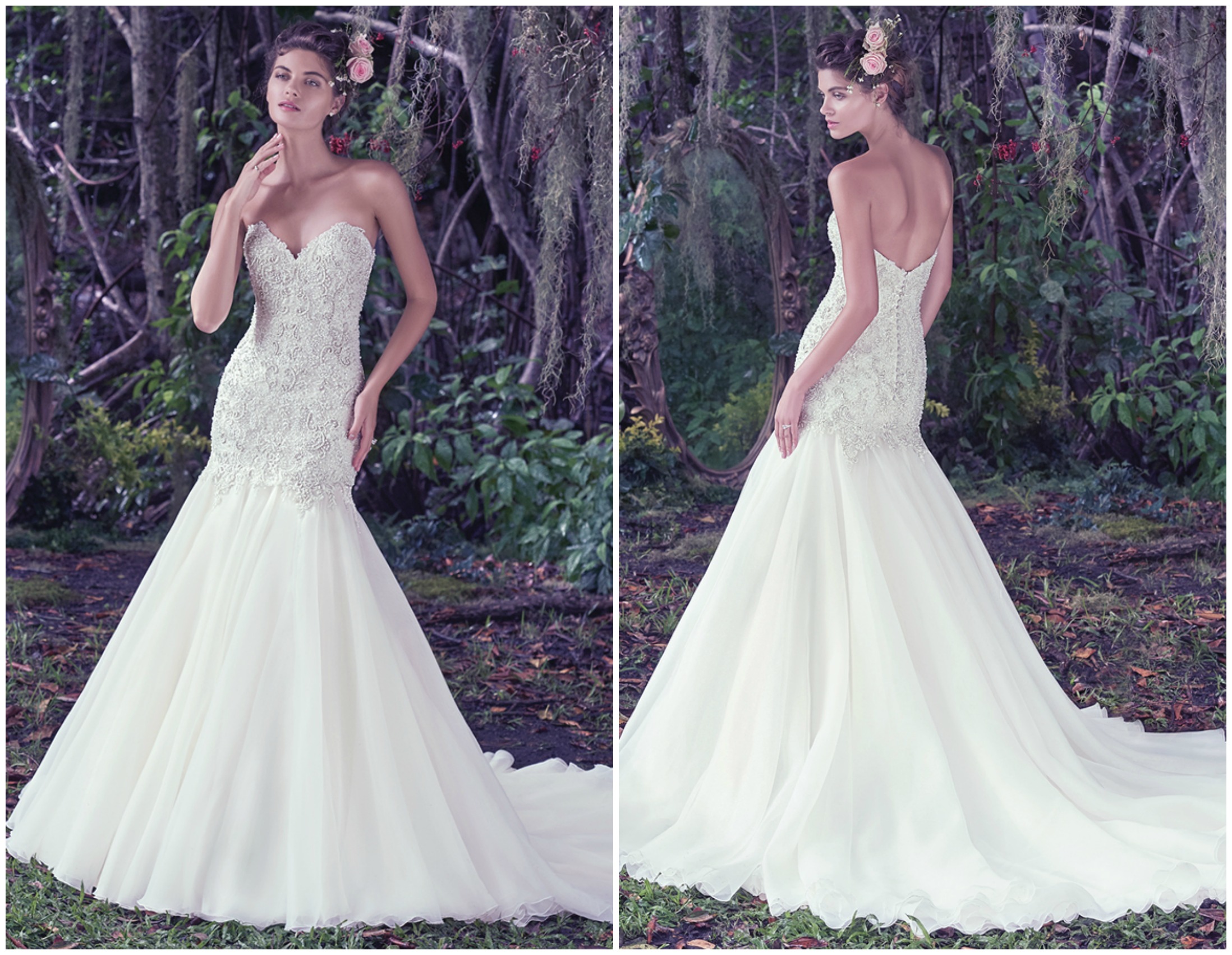 Perfect for the truly romantic bride, embellished lace adorns the bodice of this Chic organza fit and flare wedding dress. Finished with a classic sweetheart neckline and covered buttons over zipper and inner corset closure. 

<a href="https://www.maggiesottero.com/maggie-sottero/baxter/9697" target="_blank">Maggie Sottero</a>