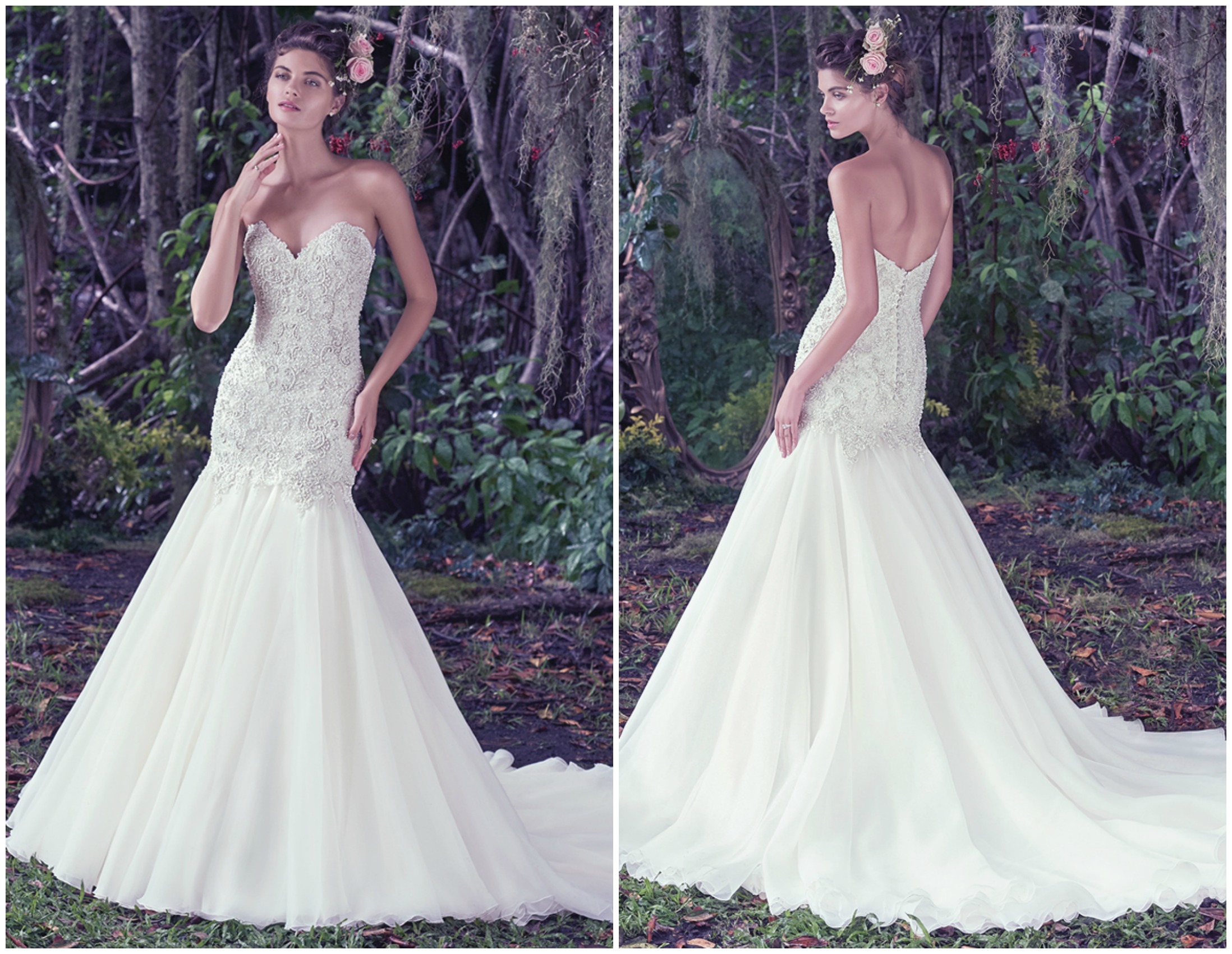 Perfect for the truly romantic bride, embellished lace adorns the bodice of this Chic organza fit and flare wedding dress. Finished with a classic sweetheart neckline and covered buttons over zipper and inner corset closure.
<a href="https://www.maggiesottero.com/maggie-sottero/baxter/9697" target="_blank">Maggie Sottero</a>
