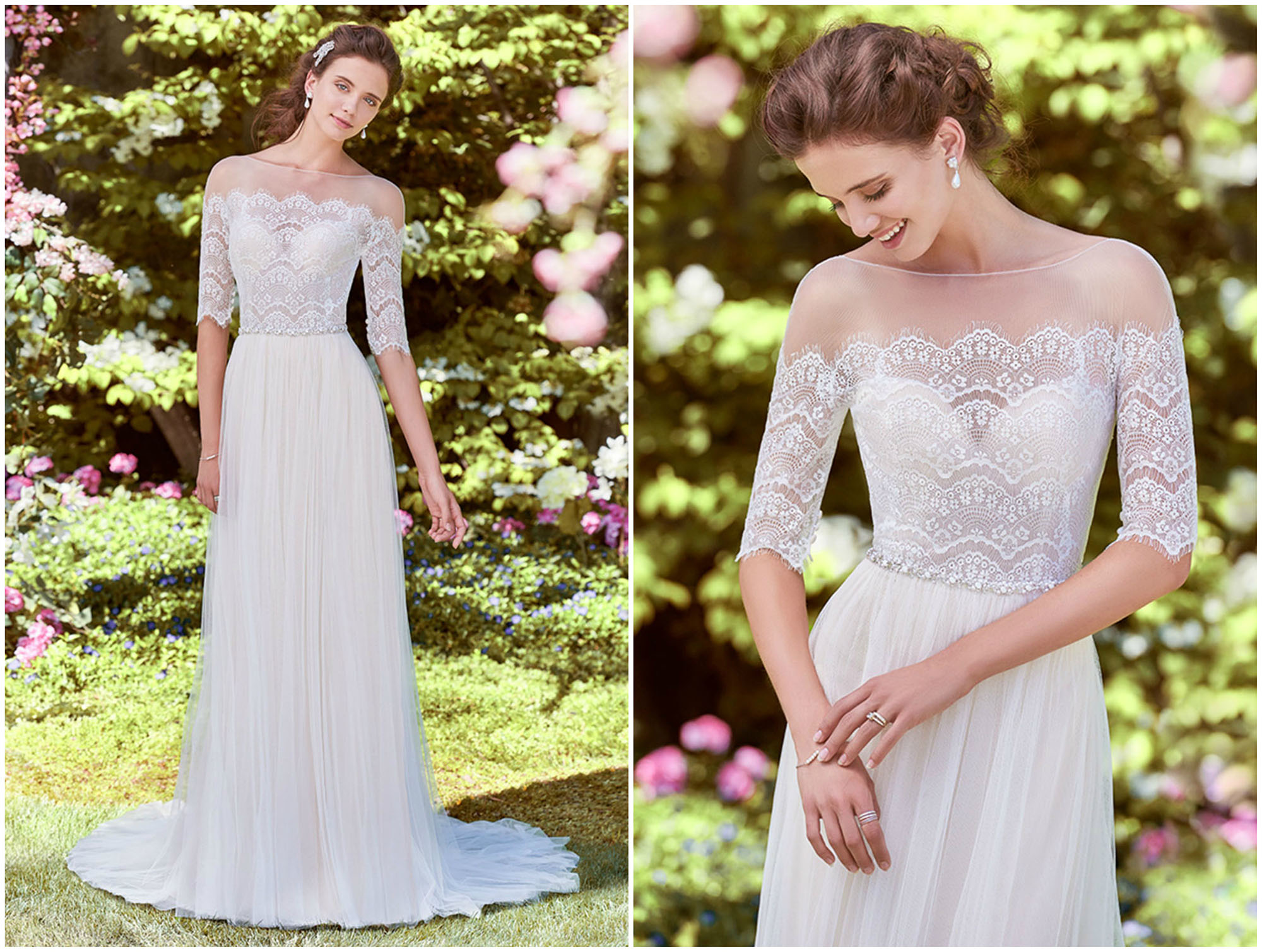 Vestido de noiva romântico e de inspiração vintage, com um corpo de decote coração, coberto por um fino tule transparente, com meias mangas e adornado com delicadas aplicações de renda. Um fino cinto de cristais Swarovski, que demarca a cintura de onde cai uma fluída saia em tule, completa o modelo, forrado para um ajuste de luxo. Acabamentos com botões forrados sobre fecho de correr.
<a href="https://www.maggiesottero.com/rebecca-ingram/cathy/11238?utm_source=zankyou&utm_medium=gowngallery" target="_blank">Rebecca Ingram</a>