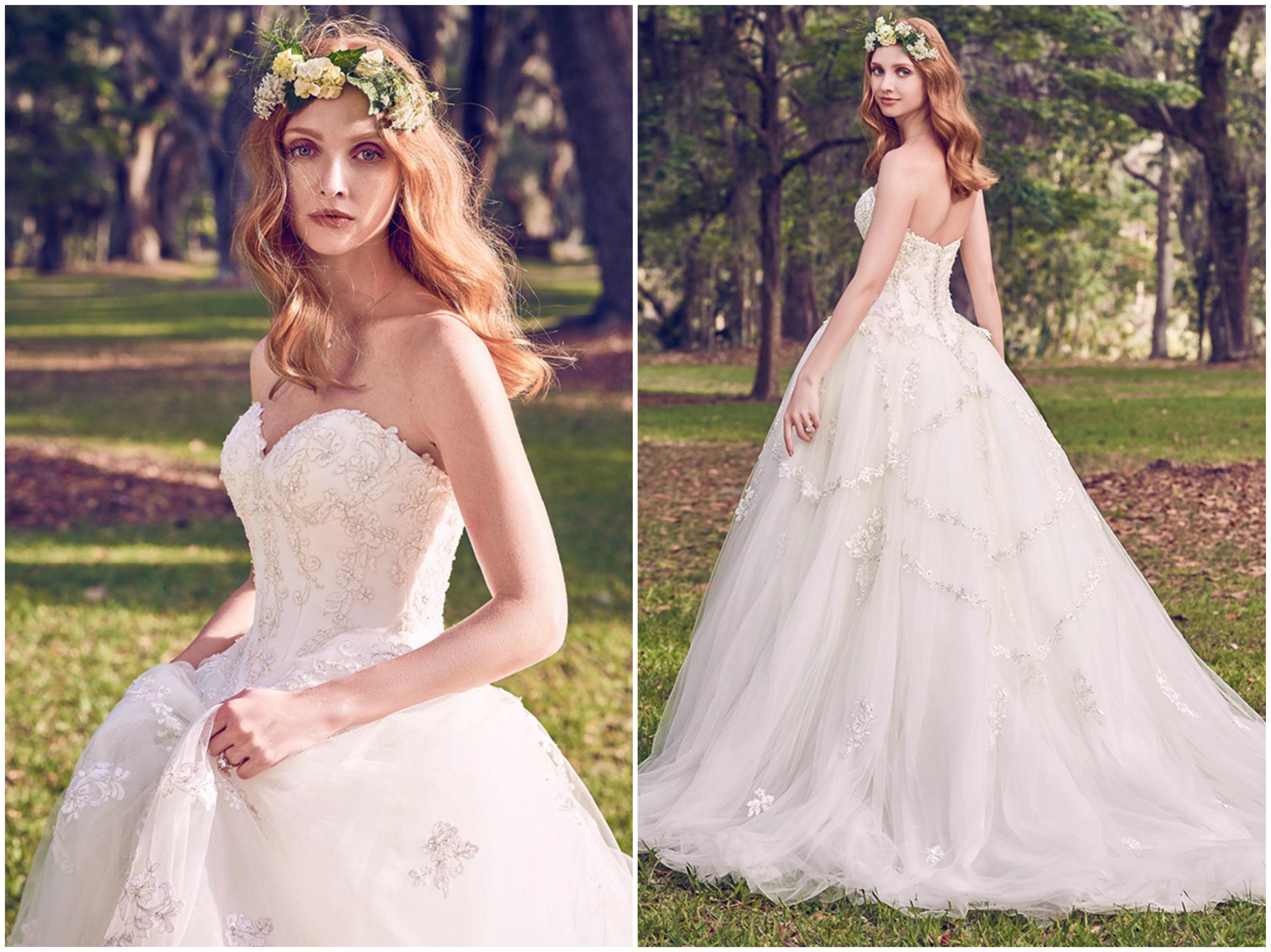 A renda dança sobre um corpete de Mikado Keela neste vestido de noiva corte princesa, com decote coração, cintura marcada em bico e uma saia volumosa em tule. Acabamentos com botões de cristal sobre um fecho zíper. <a href="https://www.maggiesottero.com/maggie-sottero/benton/11155?utm_source=zankyou&utm_medium=gowngallery" target="_blank">Maggie Sottero</a>