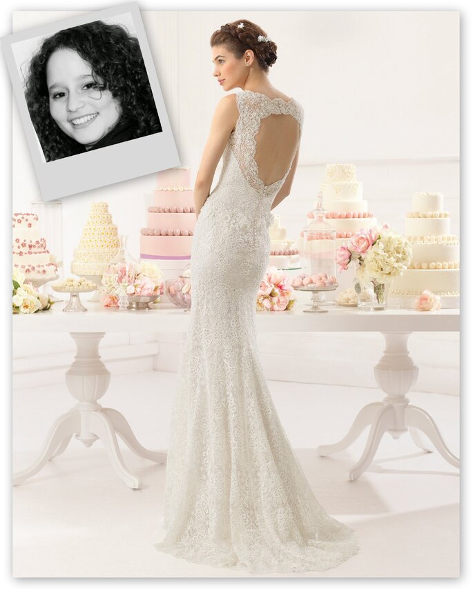 Gostava de usar um vestido de noiva como este no meu casamento! O maravilhoso decote nas costas faz com que este modelo seja um sonho para qualquer mulher. É o vestido ideal! Cada detalhe é especial: a renda, a pedraria em marfil, as flores... Elementos que provocariam em qualquer noiva um look totalmente romântico e delicado: Sem dúvida alguma, o vestido dos meus sonhos!
Vestido de noiva modelo Adeline, de Aire Barcelona 2015. Credits: Aire Barcelona