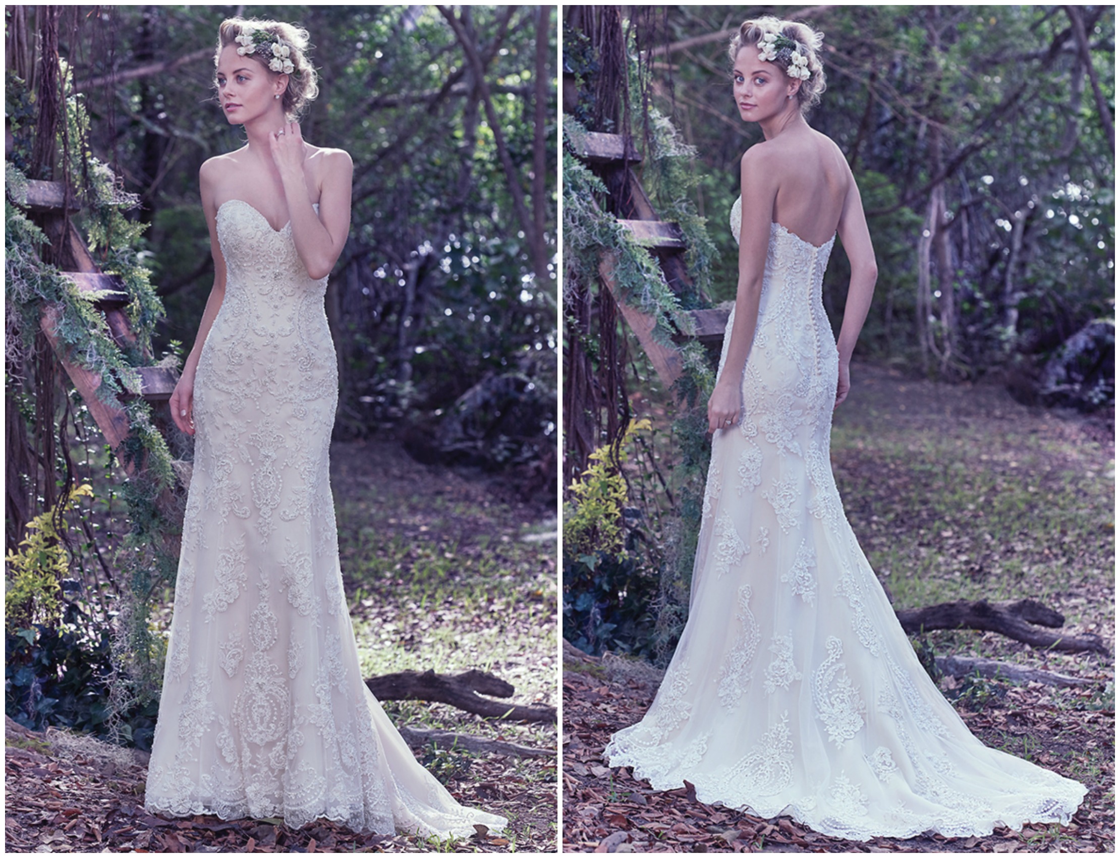 Romance is found in this classic tulle and lace sheath wedding dress, adorned with Swarovski crystals. Complete with a feminine sweetheart neckline and covered buttons over zipper and inner corset closure. 

<a href="https://www.maggiesottero.com/maggie-sottero/jordan/9685" target="_blank">Maggie Sottero</a>
