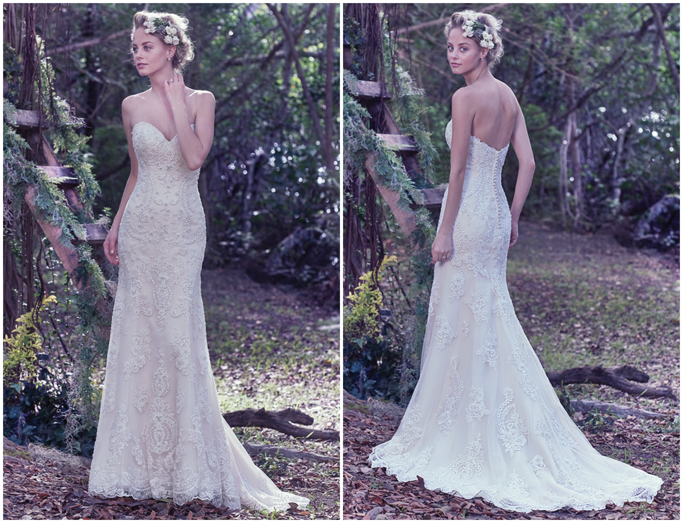Romance is found in this classic tulle and lace sheath wedding dress, adorned with Swarovski crystals. Complete with a feminine sweetheart neckline and covered buttons over zipper and inner corset closure.
<a href="https://www.maggiesottero.com/maggie-sottero/jordan/9685" target="_blank">Maggie Sottero</a>