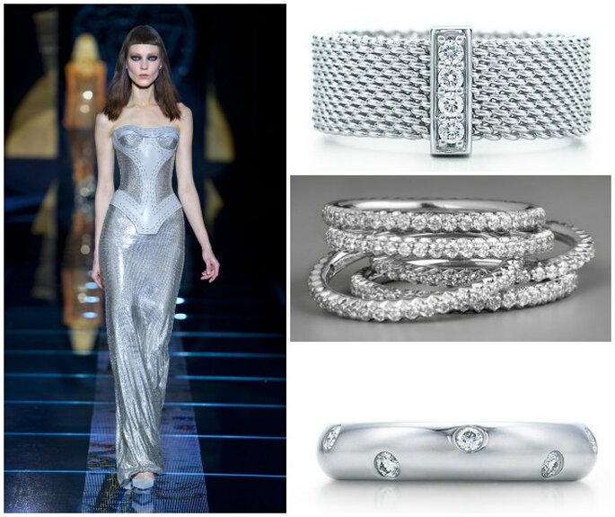 Abiti,scarpe e accessori nel colore più di tendenza dell'anno:l'argento! Abito: Versace AI 2012-13, bracciale con diamanti Tiffany & Co, serie di bracciali tennis con diamanti Roberto Coin, fede in argento con serie di diamanti incastonati Tiffany & Co.