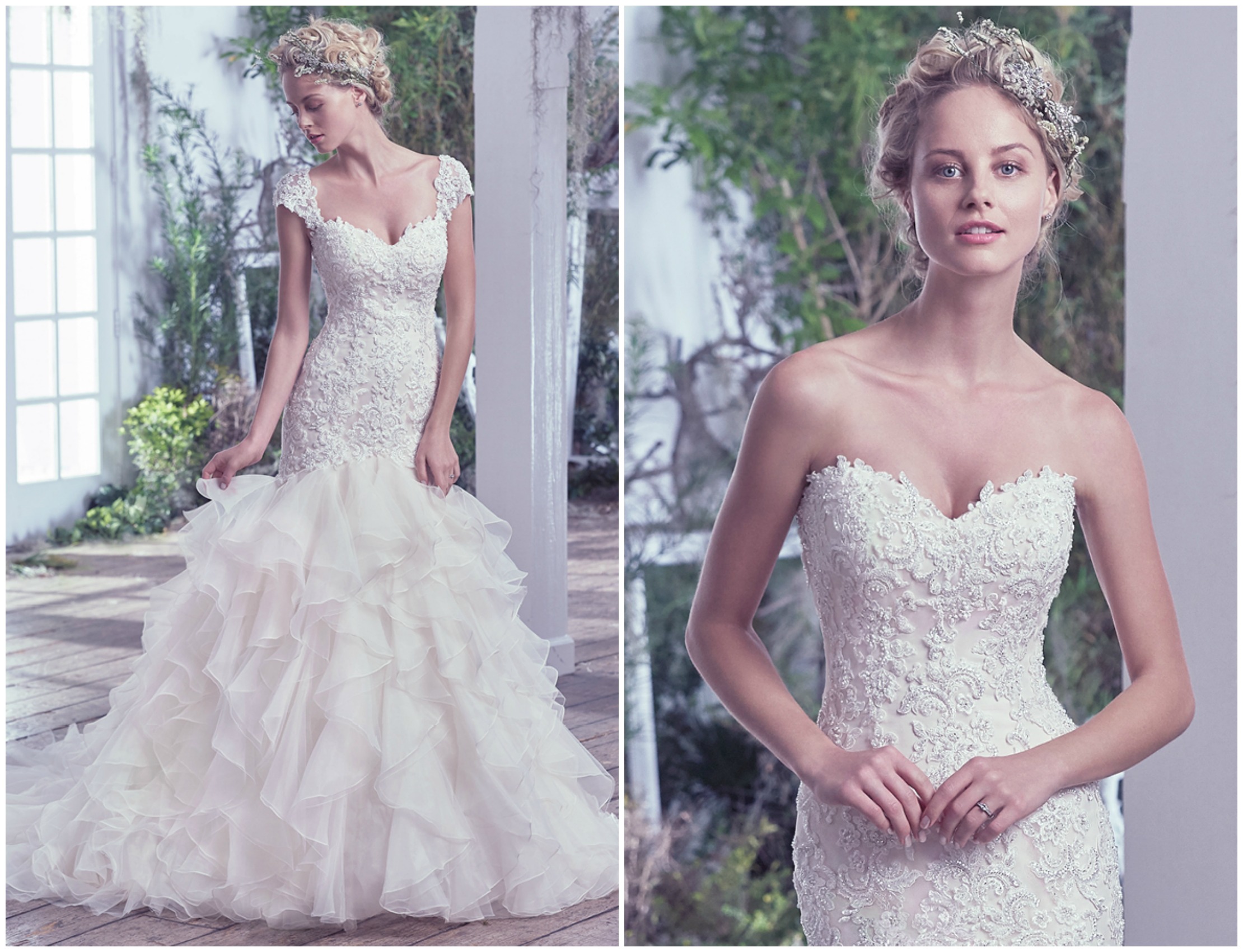 Refined bridal romance is epitomized in this fit and flare wedding dress, featuring an intricate lace and beaded drop waist bodice, flaring into a layered tulle and Chic organza skirt. Finished with covered buttons over zipper and inner corset closure. Detachable lace cap-sleeves sold separately.
<a href="https://www.maggiesottero.com/maggie-sottero/tawny/9732" target="_blank">Maggie Sottero</a>