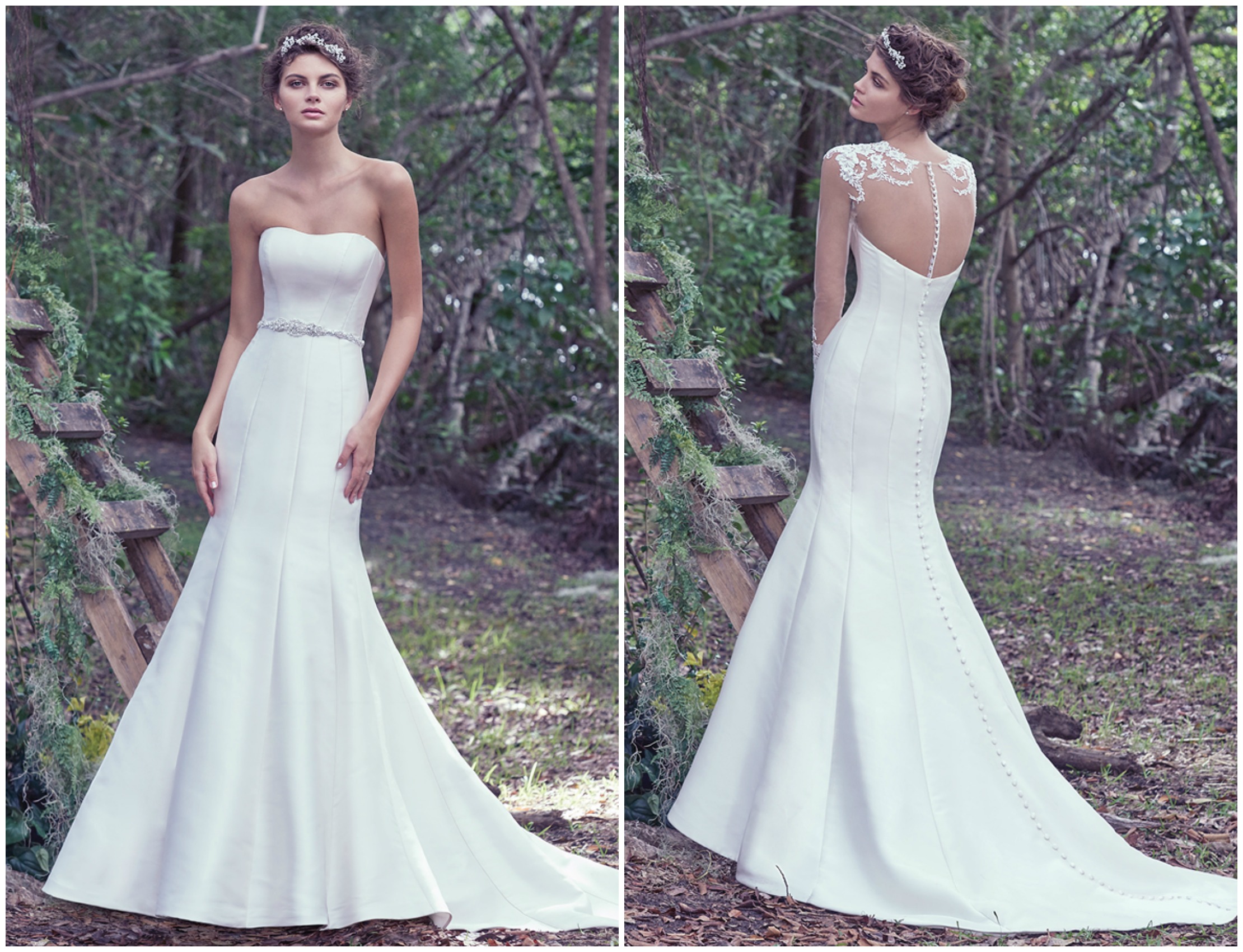 Covered buttons add refined drama as they cascade from the waist to the hem of this structured Vizela mikado fit and flare wedding dress. This unembellished gown is complete with stylized seaming, a straight neckline and covered buttons over zipper and inner corset closure. An illusion tulle bodysuit features coordinating lace motifs floating along the shoulder and completing the cuffs of the sheer long sleeves. Bodysuit and beaded belt sold separately.
<a href="https://www.maggiesottero.com/maggie-sottero/dante/9740" target="_blank">Maggie Sottero</a>