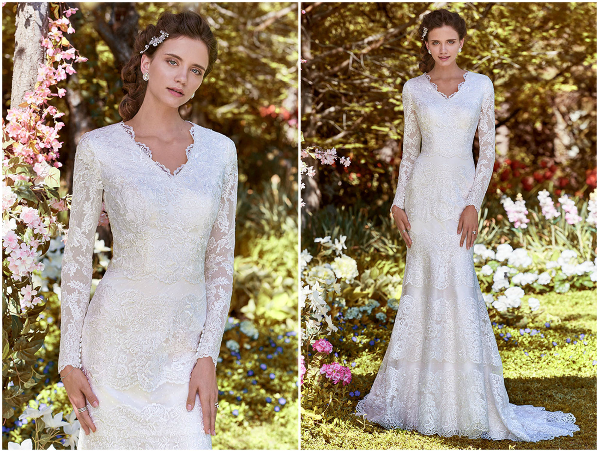 Intricados mas delicados padrões de renda cobrem o tule pontilhado neste design fit-and-flare, acentuado com a transparência das mangas compridas. Decote em V e acabamentos com fecho de correr.
<a href="https://www.maggiesottero.com/rebecca-ingram/karla-anne/11251?utm_source=zankyou&utm_medium=gowngallery" target="_blank">Rebecca Ingram</a>
