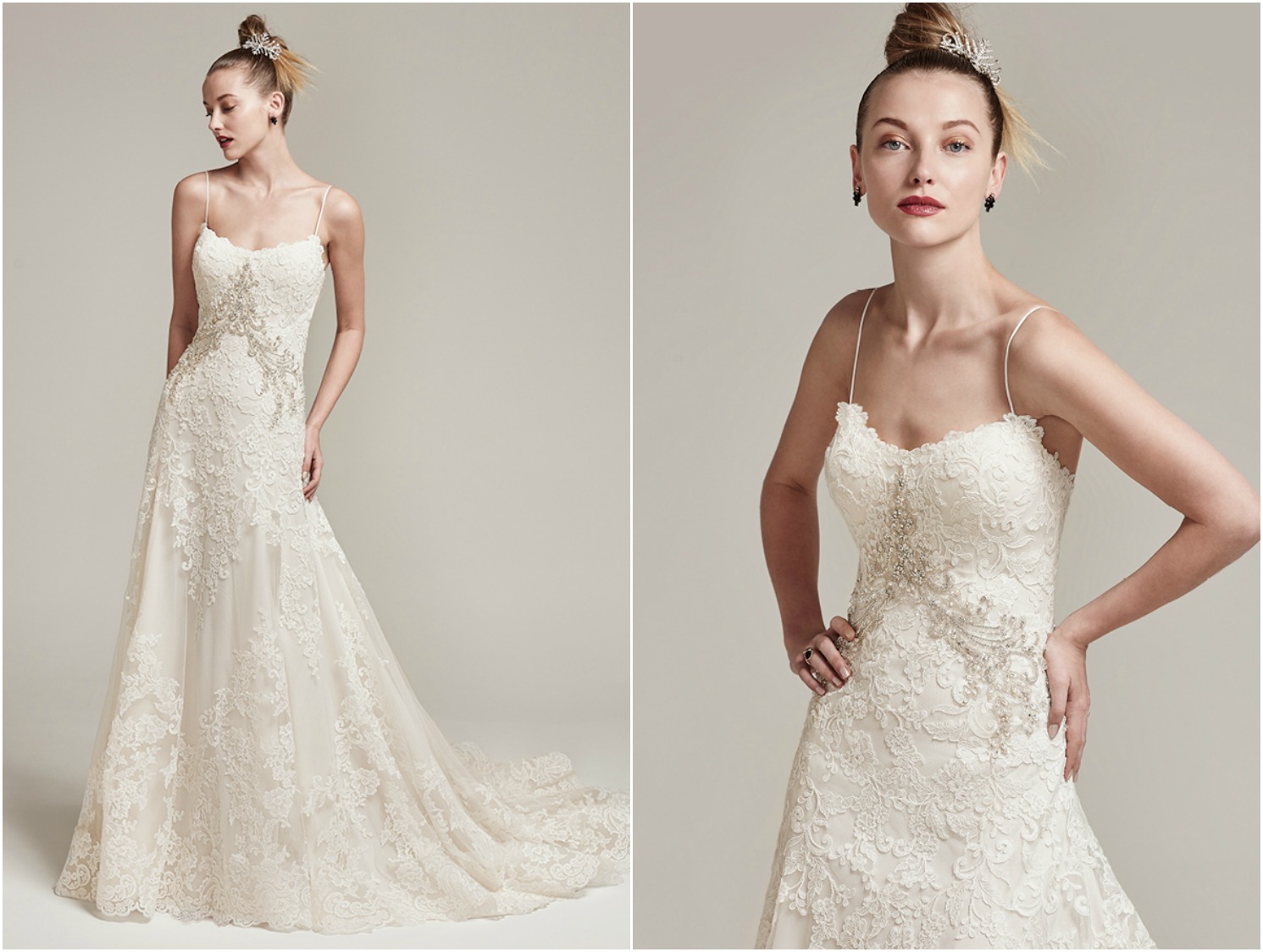 Flowing with rich texture and dimension, this tulle A-line wedding dress is accented by floral lace embroidery and Swarovski crystal details. Complete with soft scoop neckline, scalloped hemline, and delicate spaghetti straps. Finished with crystal buttons over zipper closure. 

<a href="https://www.maggiesottero.com/sottero-and-midgley/walker-rose/9889" target="_blank">Sottero &amp; Midgley</a>