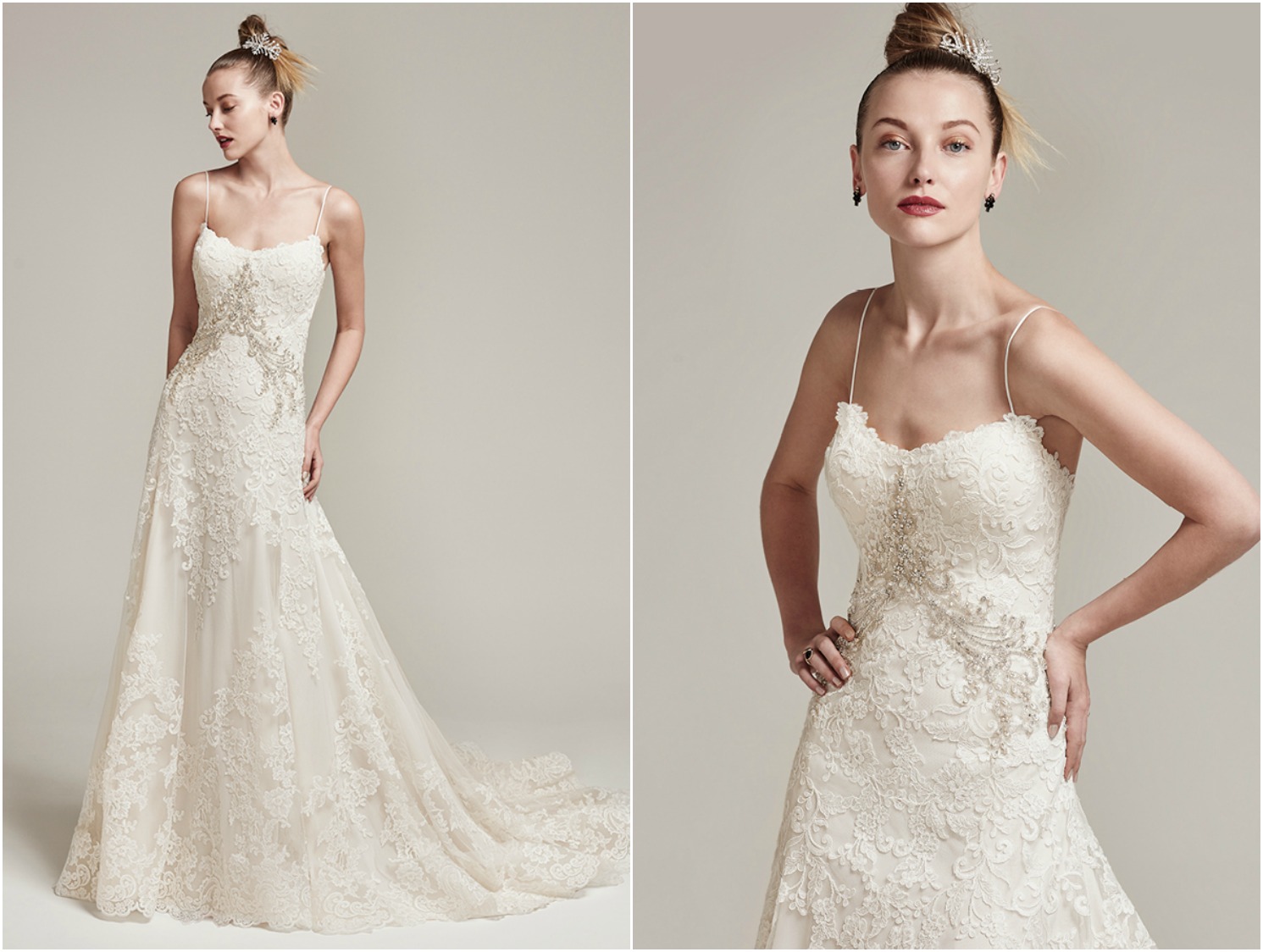 Flowing with rich texture and dimension, this tulle A-line wedding dress is accented by floral lace embroidery and Swarovski crystal details. Complete with soft scoop neckline, scalloped hemline, and delicate spaghetti straps. Finished with crystal buttons over zipper closure.
<a href="https://www.maggiesottero.com/sottero-and-midgley/walker-rose/9889" target="_blank">Sottero & Midgley</a>