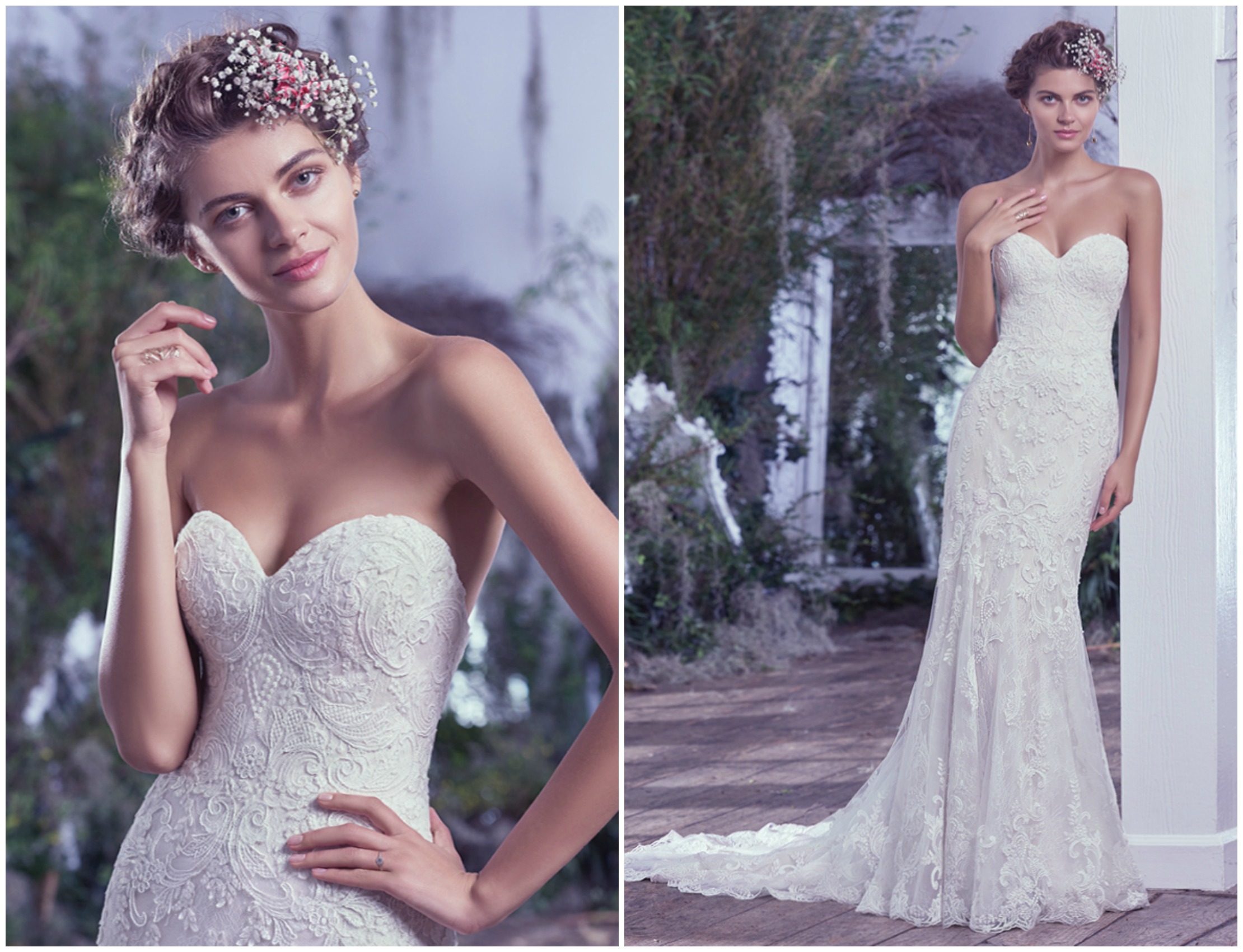 Soft and romantic, this tulle and lace sheath wedding dress, with hand-placed lace appliqués is effortlessly elegant. The sweetheart neckline, natural waist, and scalloped hemline emphasize the ultra-feminine shape. Finished with covered buttons over zipper closure. A detachable tulle overskirt is available featuring an exquisite waistline created with Swarovski crystals and pearls and finished with a coordinating lace hem. Detachable tulle overskirt with Swarovski crystal embellished waistline and lace hemline sold separately.
<a href="https://www.maggiesottero.com/maggie-sottero/mirelle/9705" target="_blank">Maggie Sottero</a>