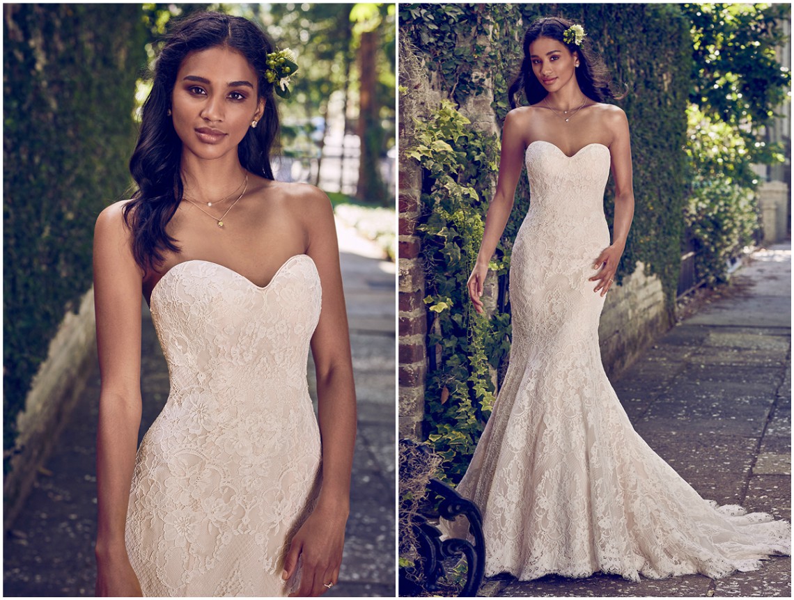 Este vestido de noiva sem alças fit-and-flare é totalmente coberto por renda, com um delicado decote coração. Acabamentos com botões forrados sobre fecho zíper e fecho interior elástico. <a href="https://www.maggiesottero.com/maggie-sottero/philomena/11184?utm_source=zankyou&utm_medium=gowngallery" target="_blank">Maggie Sottero</a>