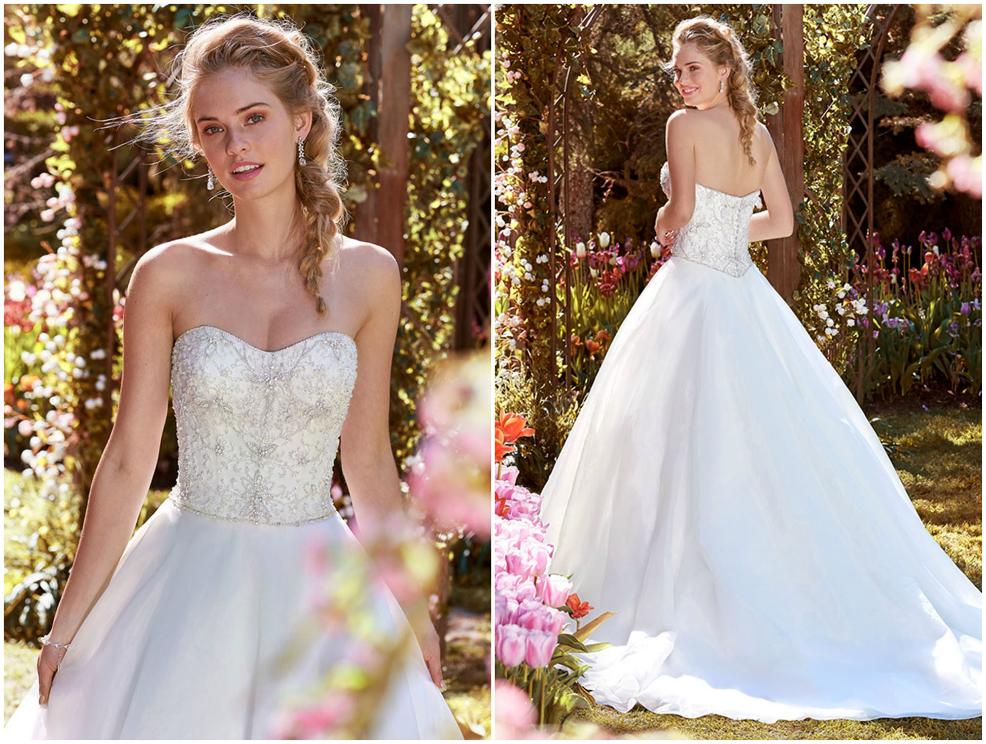 Vestido de noiva de corte princesa, que apresenta um corpete com contas, acentuado com cristais de Swarovski sobre uma saia de organza com bolsos. Completo com decote de coração suave. Acabamentos com botões de cristal sobre o espartilho interno e fecho de correr.
<a href="https://www.maggiesottero.com/rebecca-ingram/judith/11248?utm_source=zankyou&utm_medium=gowngallery" target="_blank">Rebecca Ingram</a>