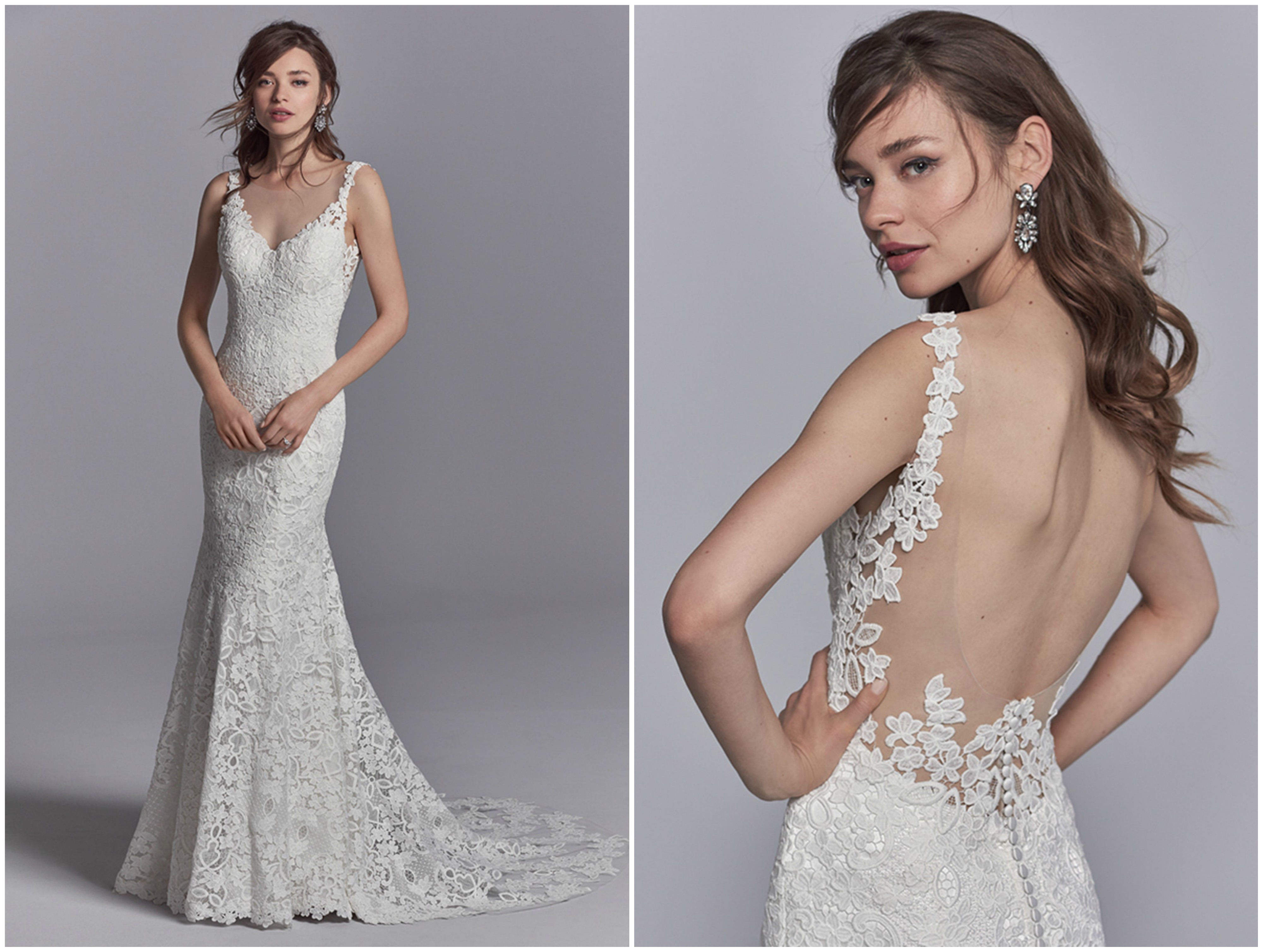 Detalhes em renda trabalhada caem sobre o tule neste vestido de noiva de inspiração boho, acentuado pelo decote em V e as alças transparentes também rendilhadas, que terminam num elegante decote redondo pronunciado nas costas, com efeito ilusão. Uma pequena cauda completa este modelo fit-and-flare, que fecha com botões forrados sobre zipper.
<a href="https://www.maggiesottero.com/sottero-and-midgley/presca/11223?utm_source=zankyou&utm_medium=gowngallery" target="_blank">Sottero and Midgley</a>