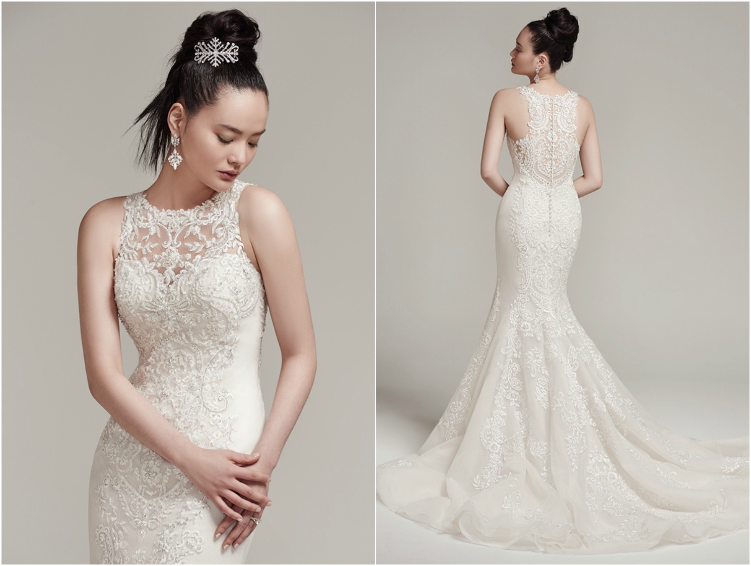 Swarovski crystals adorn this modern lace and tulle fit and flare wedding dress with sexy illusion sweetheart neckline and soft-sweeping train. Finished with intricate illusion lace back and crystal buttons over zipper closure.
<a href="https://www.maggiesottero.com/sottero-and-midgley/rae/9879" target="_blank">Sottero & Midgley</a>