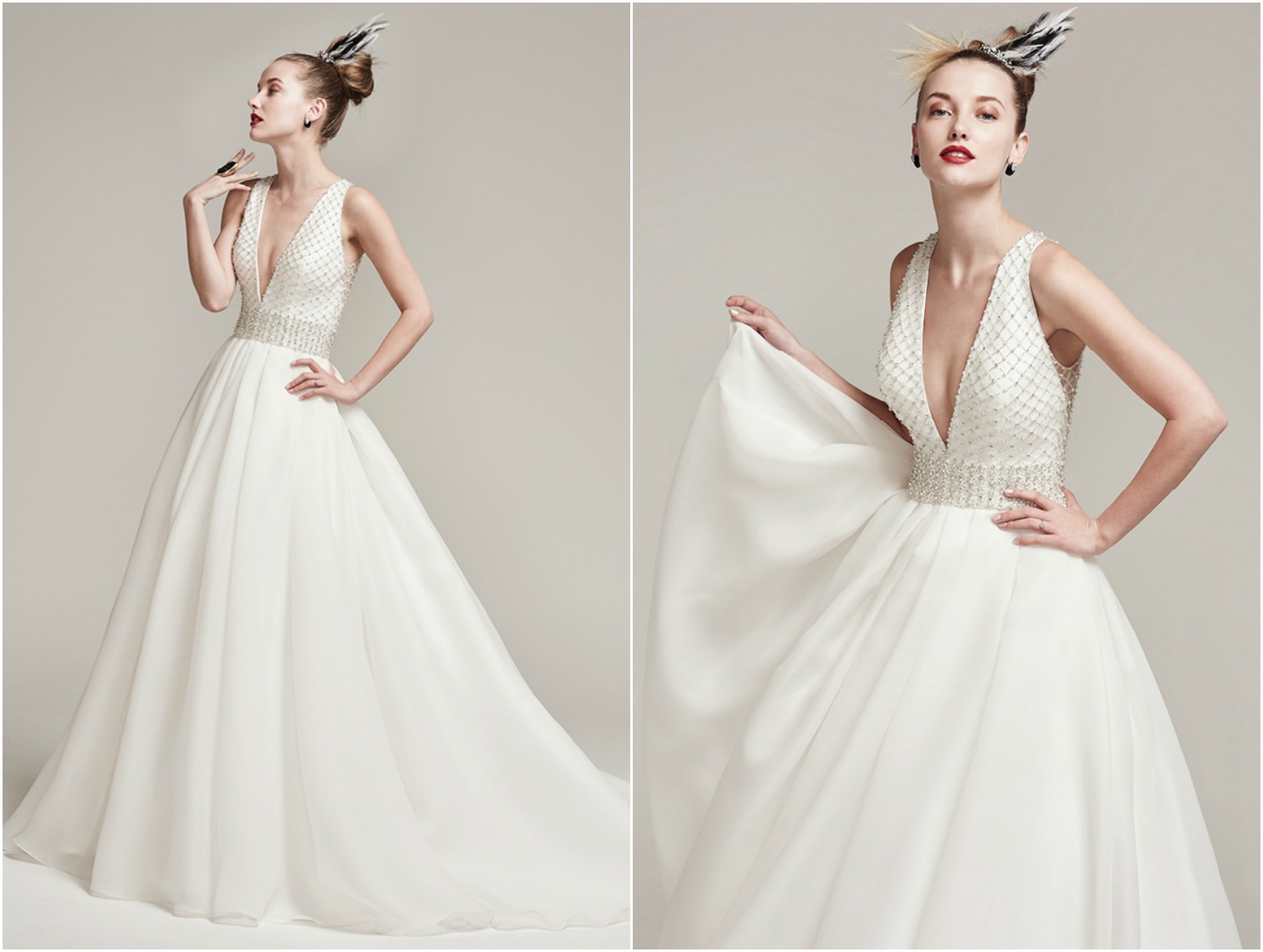 Lattice patterns of Swarovski crystals and pearls decorate this demure Shavon organza ball gown with plunging V-neckline and hidden pockets. Finished with a stunning embellished illusion back and crystal buttons over zipper closure.
<a href="https://www.maggiesottero.com/sottero-and-midgley/tamirys/9885" target="_blank">Sottero & Midgley</a>