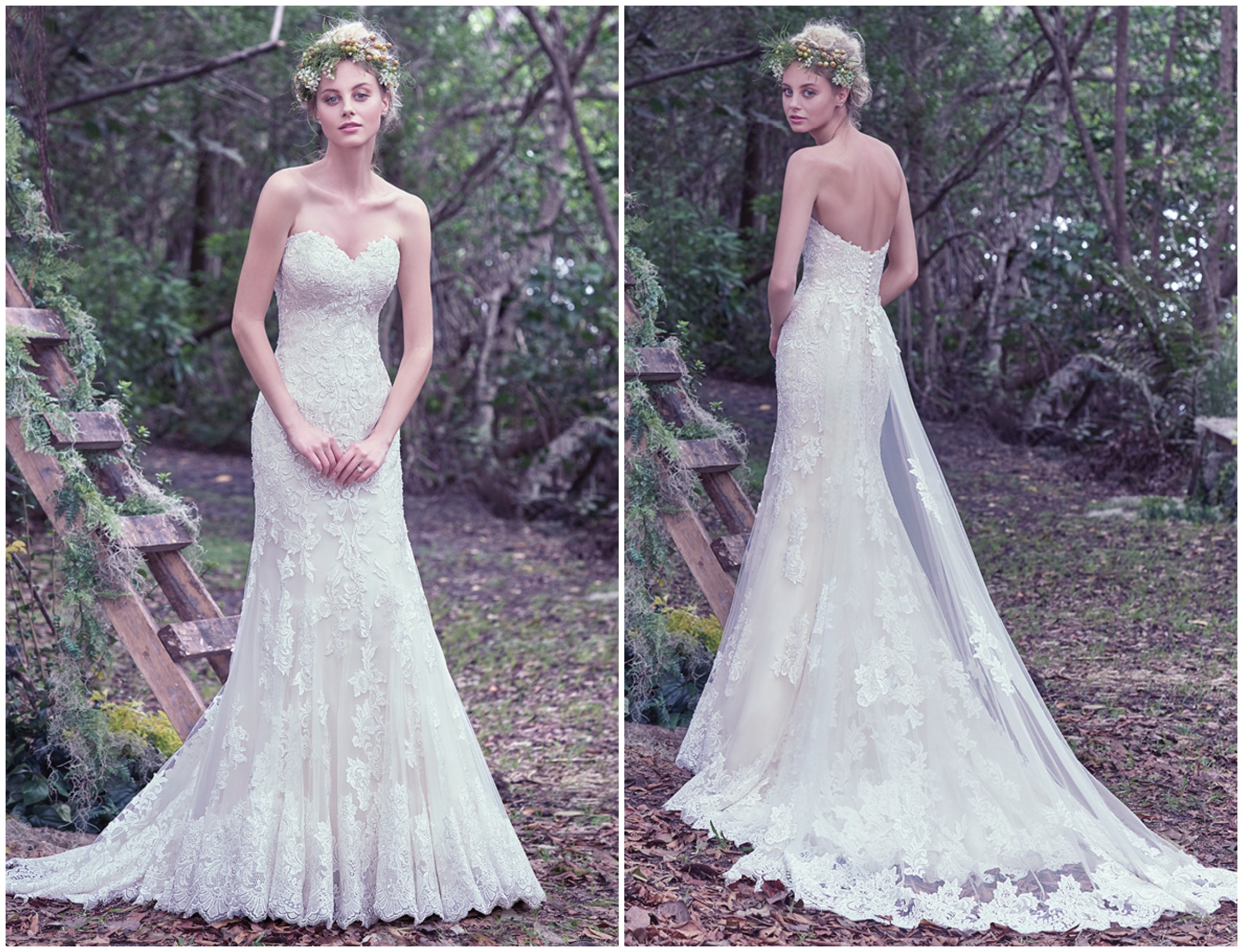 This fit and flare wedding dress features hand placed shimmering embroidered lace appliqués on tulle and a sweetheart neckline. Complete with covered buttons over zipper and inner corset closure. Detachable tulle train with lace sold separately.
<a href="https://www.maggiesottero.com/maggie-sottero/jennita/9710" target="_blank">Maggie Sottero</a>
