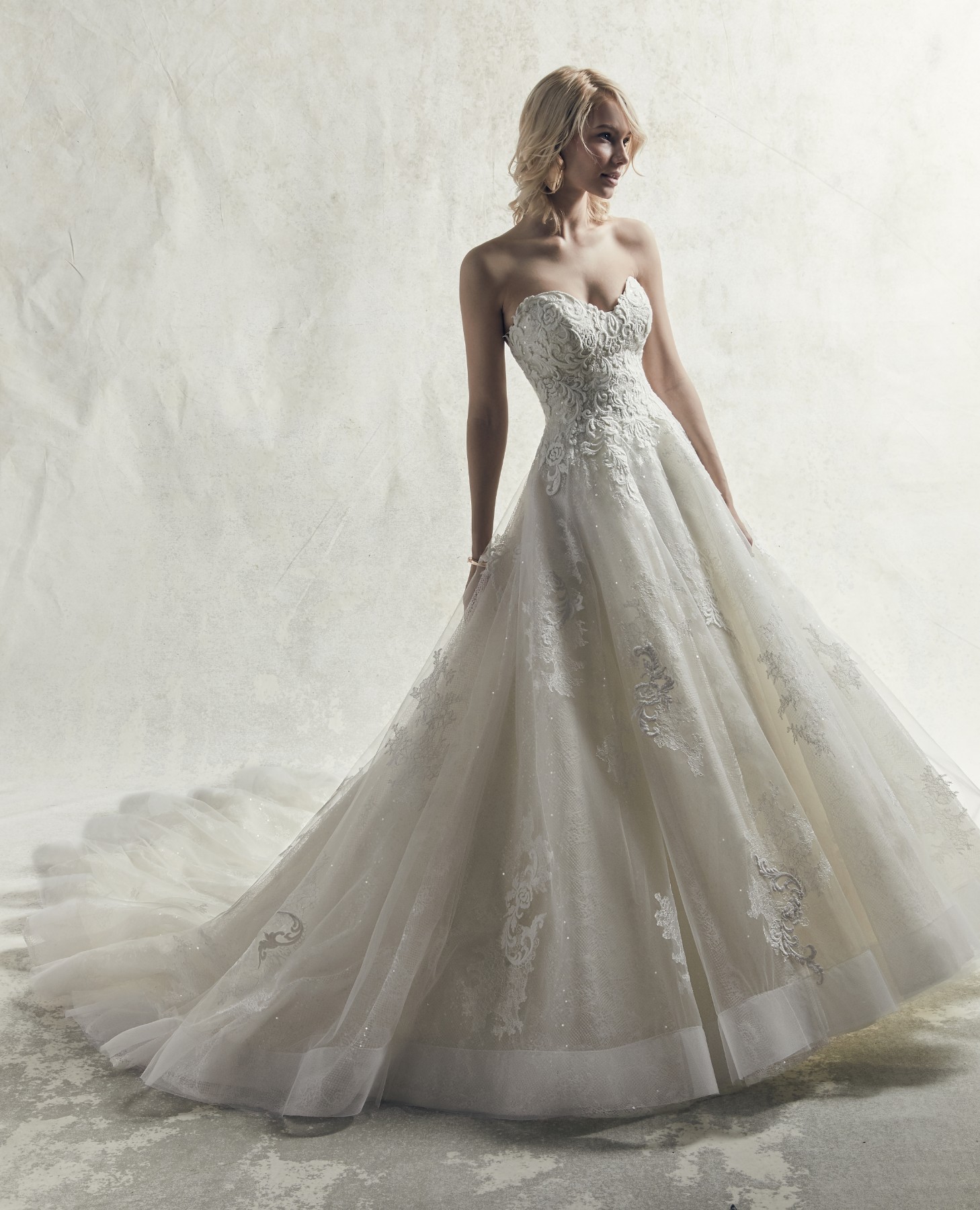Pormenores de renda bordados em cascada sobre as camadas de tule neste elegante vestido de noiva com corte de princesa. 