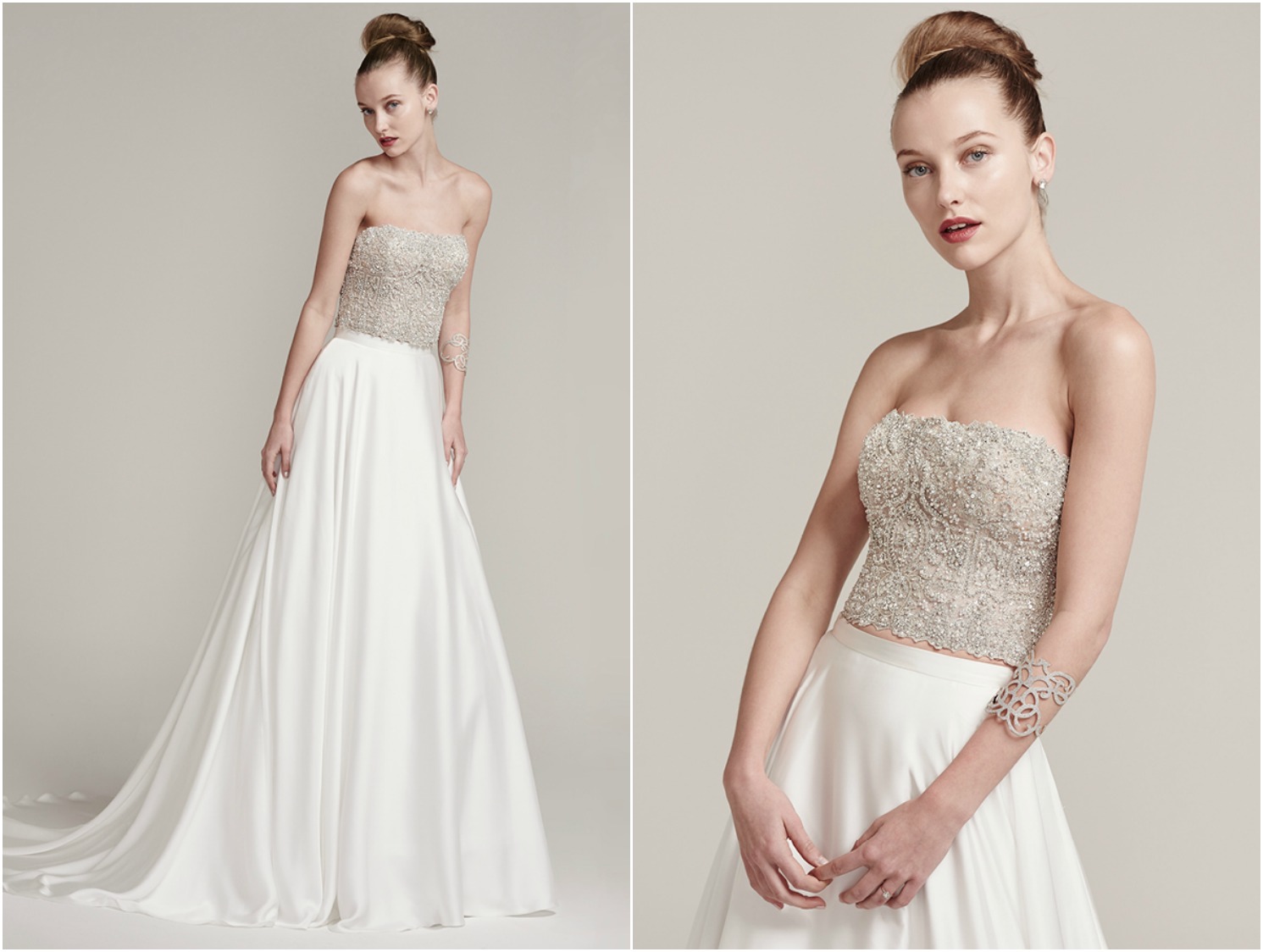 Bead encrusted strapless bodice sparkles with Swarovski crystals. Finished with crystal buttons over zipper closure. Inessa satin A-line skirt with delicate waistband and zipper closure.
<a href="https://www.maggiesottero.com/sottero-and-midgley/rosella-aviana-marie/9962" target="_blank">Sottero & Midgley</a>
