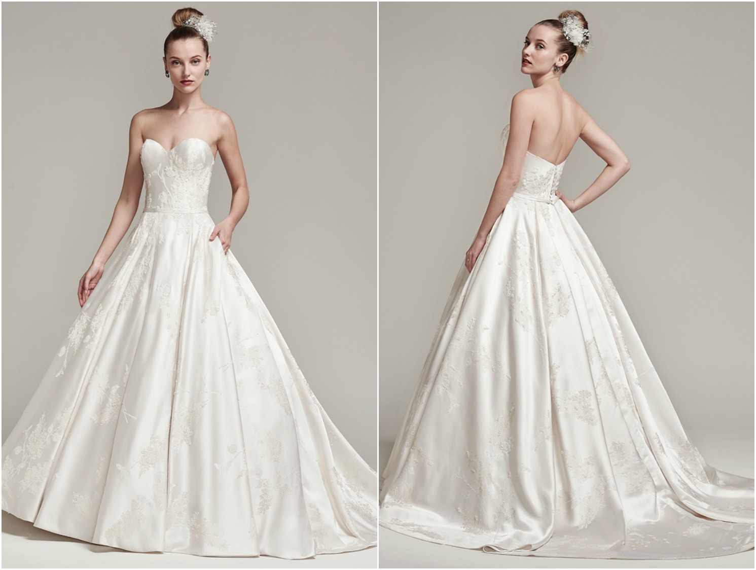 Dramatically structured, this luxurious brocade ball gown, with sweetheart neckline, pockets and natural waist, features lightly beaded details and belt. Finished with a stunning full train and covered buttons over zipper and inner elastic closure. 

<a href="https://www.maggiesottero.com/sottero-and-midgley/essex/9851" target="_blank">Sottero &amp; Midgley</a>