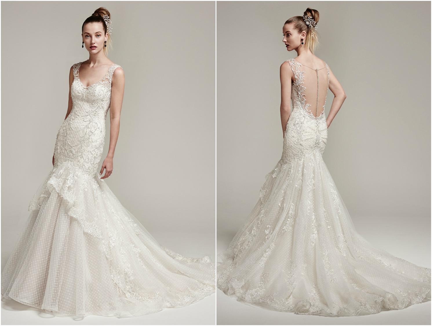 Crosshatch tulle adds artistic dimension to this show-stopping fit and flare wedding dress featuring illusion lace scoop neckline and straps. Complete with ruffled flared skirt and luxurious Swarovski crystals. Finished with dramatic illusion back and crystal buttons over zipper closure. 

<a href="https://www.maggiesottero.com/sottero-and-midgley/zanetta/9893" target="_blank">Sottero &amp; Midgley</a>