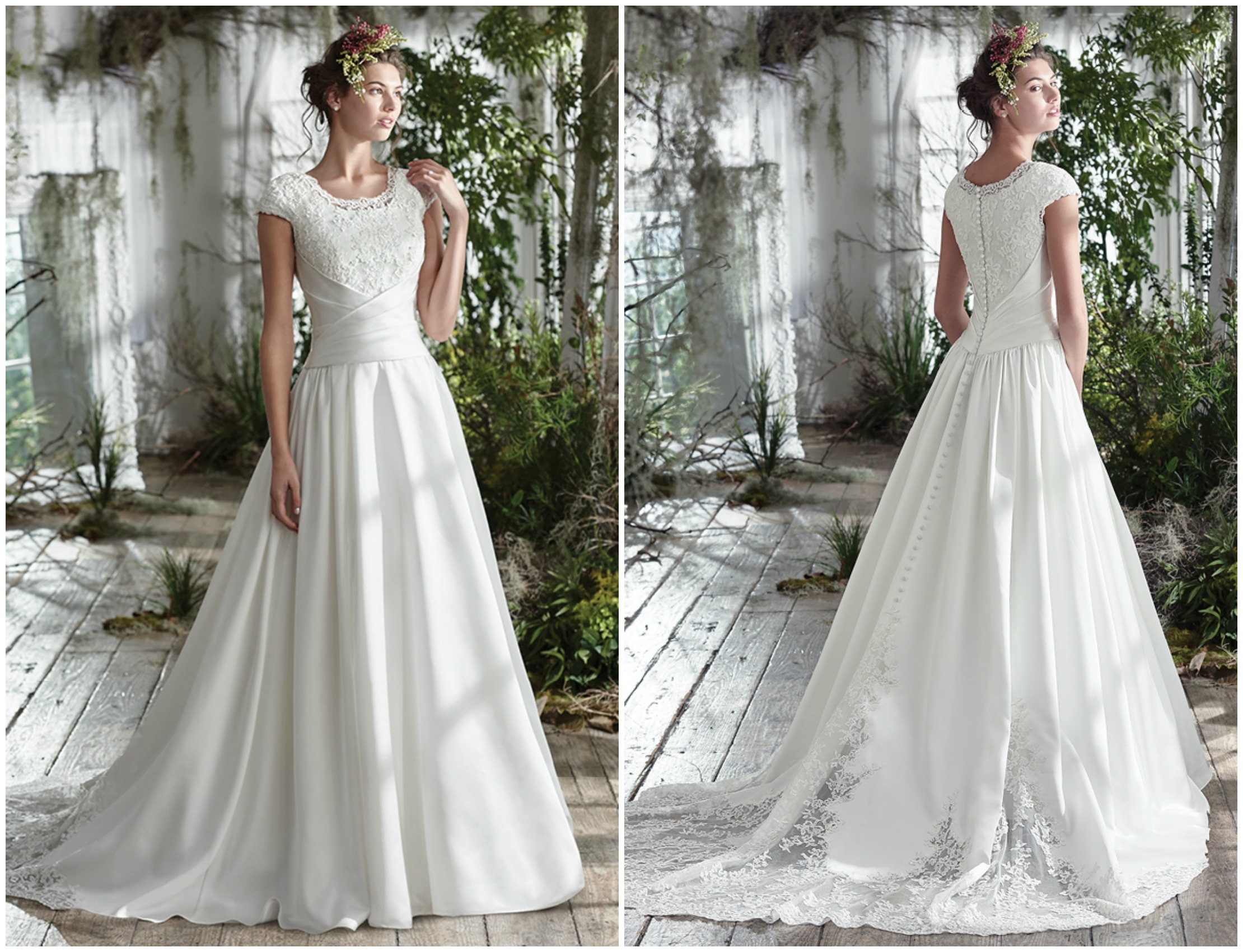 Exquisite details elevate this timeless cap-sleeve A-Line wedding dress, featuring a fitted lace bodice, asymmetrically cinched waist, and pleated Roma satin skirt. Artfully placed illusion lace embroidery accentuate the voluminous train and soft scoop neckline. Finished with covered buttons over zipper and inner elastic closure.

<a href="https://www.maggiesottero.com/maggie-sottero/jill/9771" target="_blank">Maggie Sottero</a>
