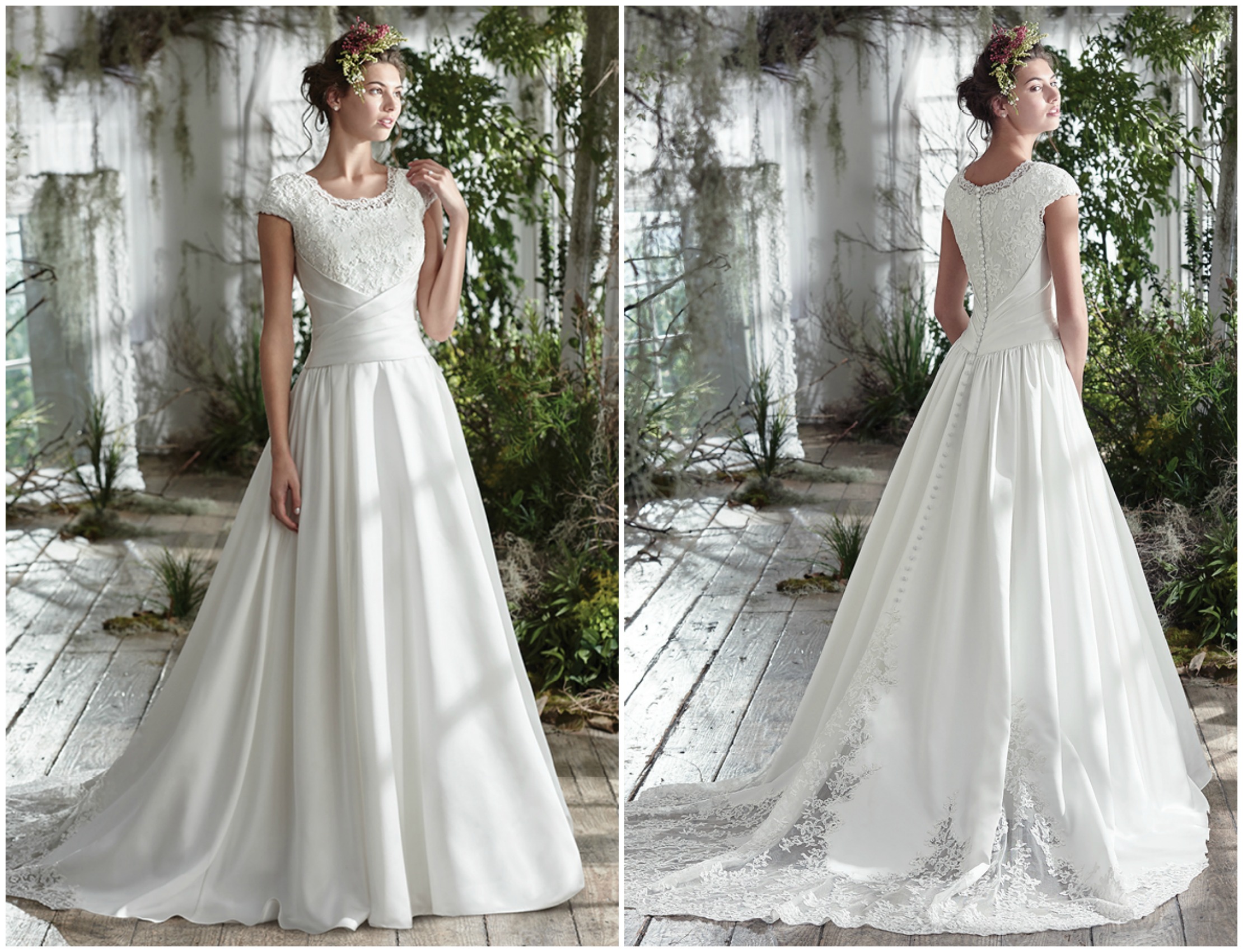 Exquisite details elevate this timeless cap-sleeve A-Line wedding dress, featuring a fitted lace bodice, asymmetrically cinched waist, and pleated Roma satin skirt. Artfully placed illusion lace embroidery accentuate the voluminous train and soft scoop neckline. Finished with covered buttons over zipper and inner elastic closure.
<a href="https://www.maggiesottero.com/maggie-sottero/jill/9771" target="_blank">Maggie Sottero</a>