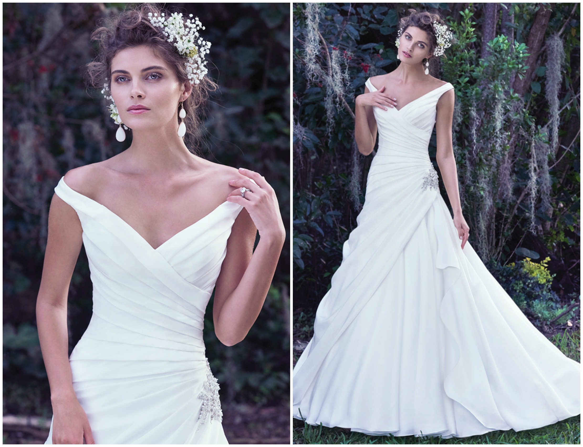 This Atlie organza A-line wedding dress exudes femininity with a romantic portrait neckline. Added elegance is found in the asymmetrical pleated bodice, accented by sparkling Swarovski crystal embellishment at the hip. Finished with corset closure. 

<a href="https://www.maggiesottero.com/maggie-sottero/harper/9765" target="_blank">Maggie Sottero</a>