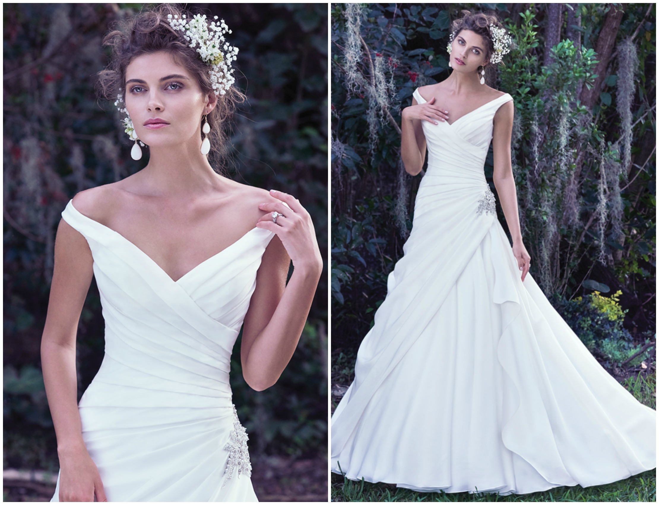 This Atlie organza A-line wedding dress exudes femininity with a romantic portrait neckline. Added elegance is found in the asymmetrical pleated bodice, accented by sparkling Swarovski crystal embellishment at the hip. Finished with corset closure.
<a href="https://www.maggiesottero.com/maggie-sottero/harper/9765" target="_blank">Maggie Sottero</a>