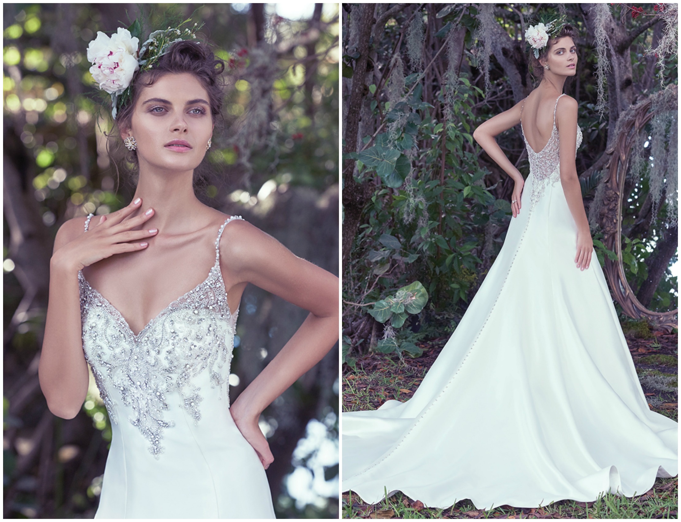 Refined elegance is found in this embellished Elodie mikado A-Line wedding dress with a deep V-neckline. Glimmering Swarovski crystals generously adorn the fitted bodice, beaded spaghetti straps, and dramatic illusion back. Finished with crystal buttons over zipper closure.
<a href="https://www.maggiesottero.com/maggie-sottero/kimberly/9686" target="_blank">Maggie Sottero</a>