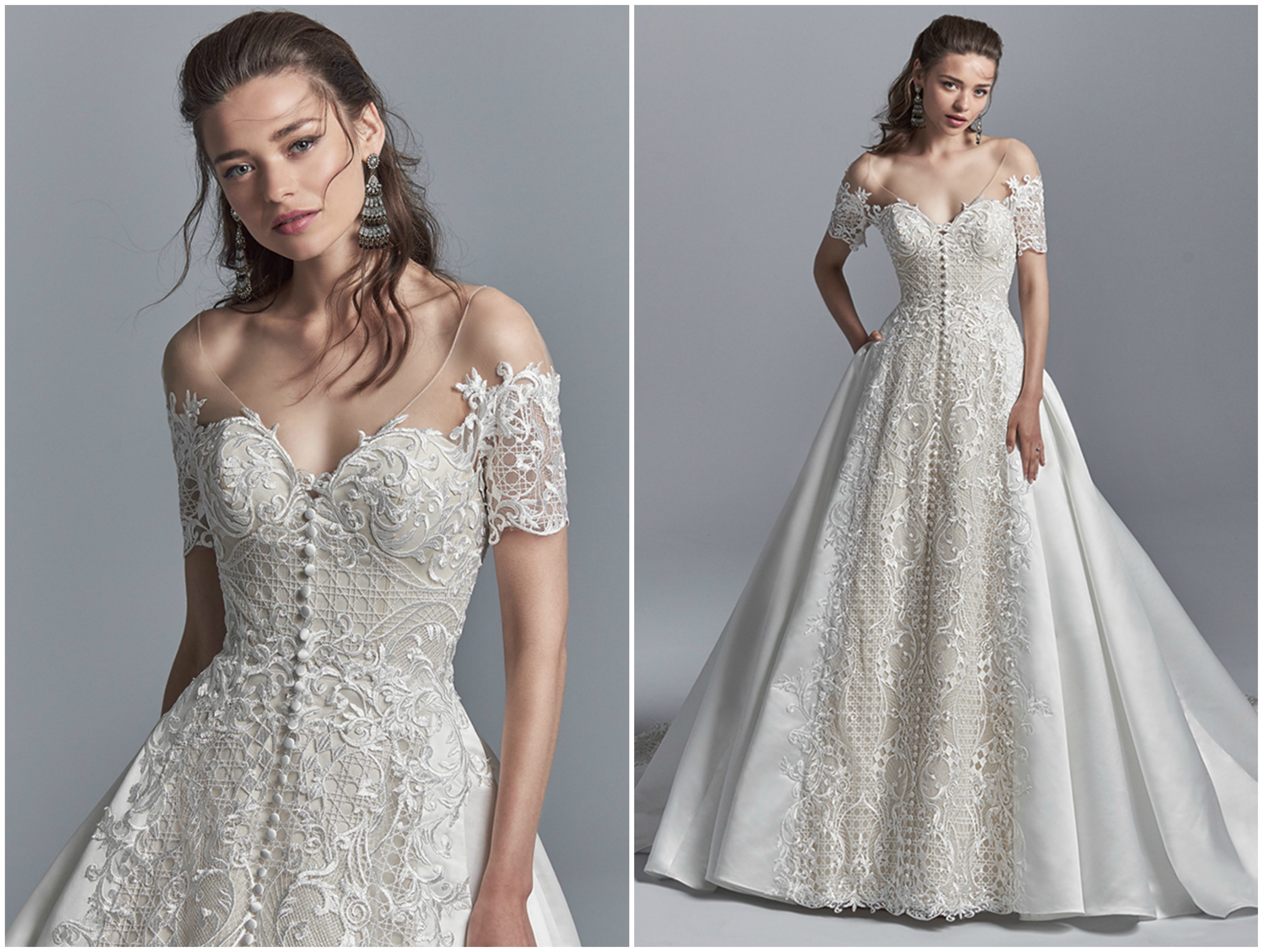 Este vestido de noiva de corte princesa é de cortar a respiração, com as suas aplicações de renda que cobrem o corpete e as mangas do decote ombros caídos. A renda e botões forrados acompanham o comprimento do vestido no meio da saia de cetim com bolsos, que termina numa cauda imponente. Decote em V nas costas, com efeito ilusão rendado. Acabamentos com botões forrados sobre fecho de correr e fecho elástico interior.
<a href="https://www.maggiesottero.com/sottero-and-midgley/zeta/11234?utm_source=zankyou&utm_medium=gowngallery" target="_blank">Sottero and Midgley</a>