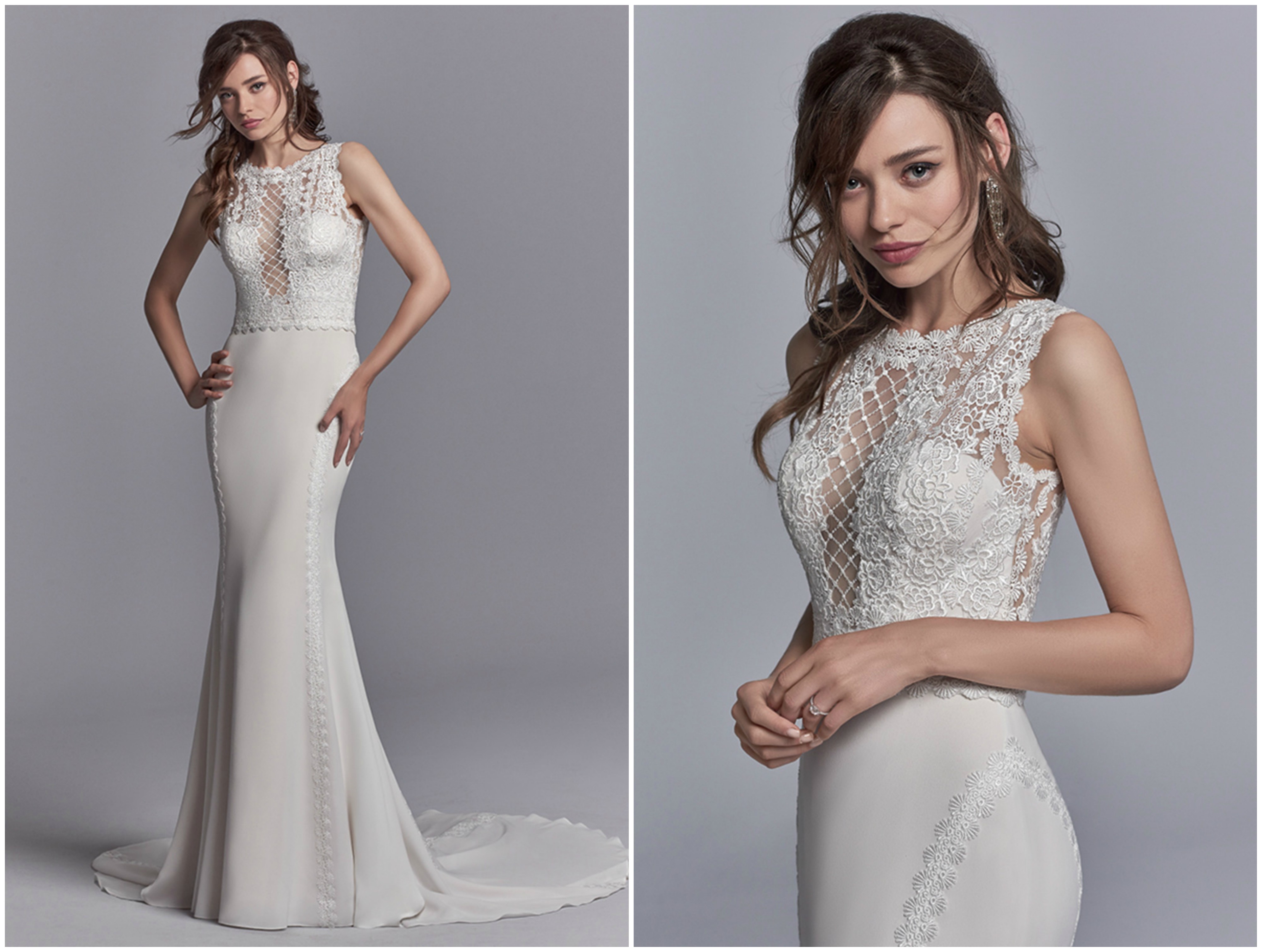 Os lindíssimos motivos de renda que compõem o corpete é o que mais se destaca deste vestido de noiva exclusivo, criando uma transparência algo sedutora sobre o decote pronunciado retangular, de onde cai uma elegante saia em crepe chiffon. As costas ficam também timidamente descobertas, por baixo de largas fitas cruzadas sobre um decote também ele quadrado. Se quiser, pode usar o decote sem fitas, deixando as costas nuas. Acabamentos com fecho de correr.
<a href="https://www.maggiesottero.com/sottero-and-midgley/barrington/11202?utm_source=zankyou&utm_medium=gowngallery" target="_blank">Sottero and Midgley</a>