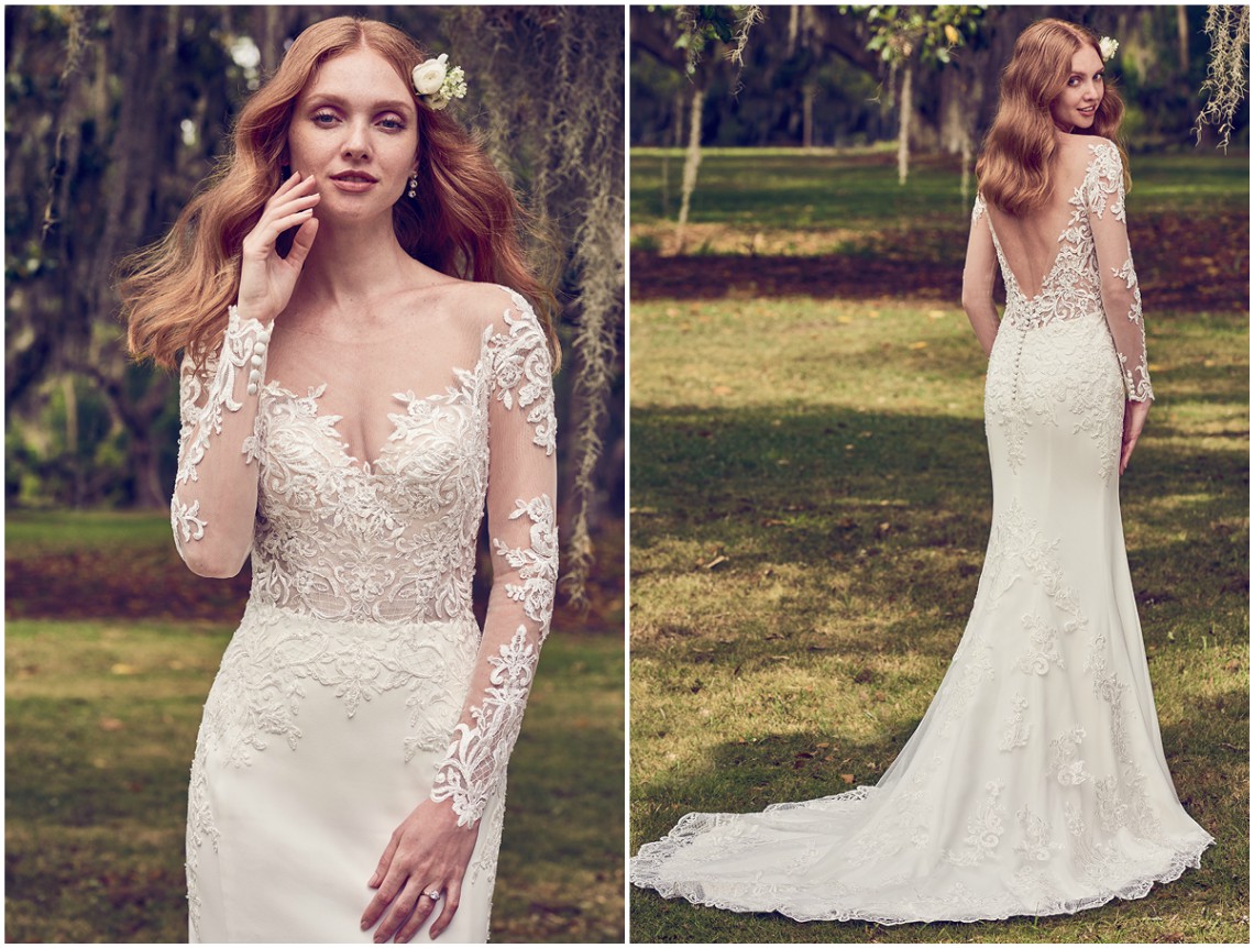 Vestido de noiva em crepe, com silhueta fit-and-flare , composto por corpete transparente todo rendado e manga comprida. Decote ilusão em V profundo nas costas, também rendado. Acabamentos com botões forrados sobre fecho zíper. <a href="https://www.maggiesottero.com/maggie-sottero/toccara/11196?utm_source=zankyou&utm_medium=gowngallery" target="_blank">Maggie Sottero</a>