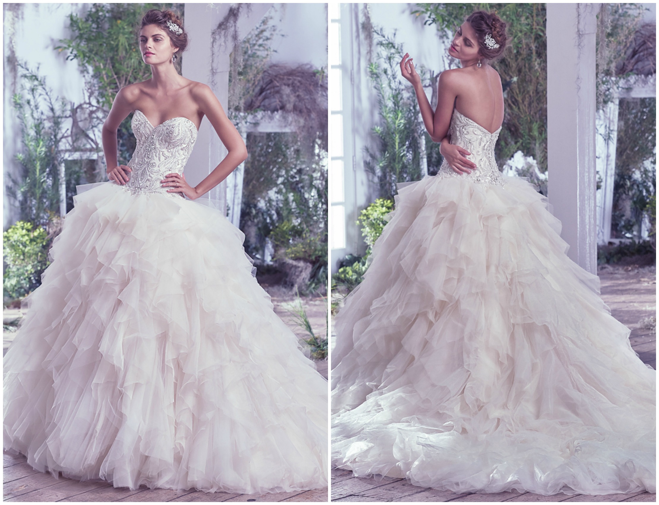 Airy tulle and Chic organza create the dreamy and alluring skirt of this grand ball gown wedding dress, artistically embellished with beading and Swarovski crystals, fitted bodice and romantic sweetheart neckline. Finished with covered buttons over zipper and inner corset closure. Available with extended train (16" longer), Castalia Marie.

<a href="https://www.maggiesottero.com/maggie-sottero/castalia/9688" target="_blank">Maggie Sottero</a>