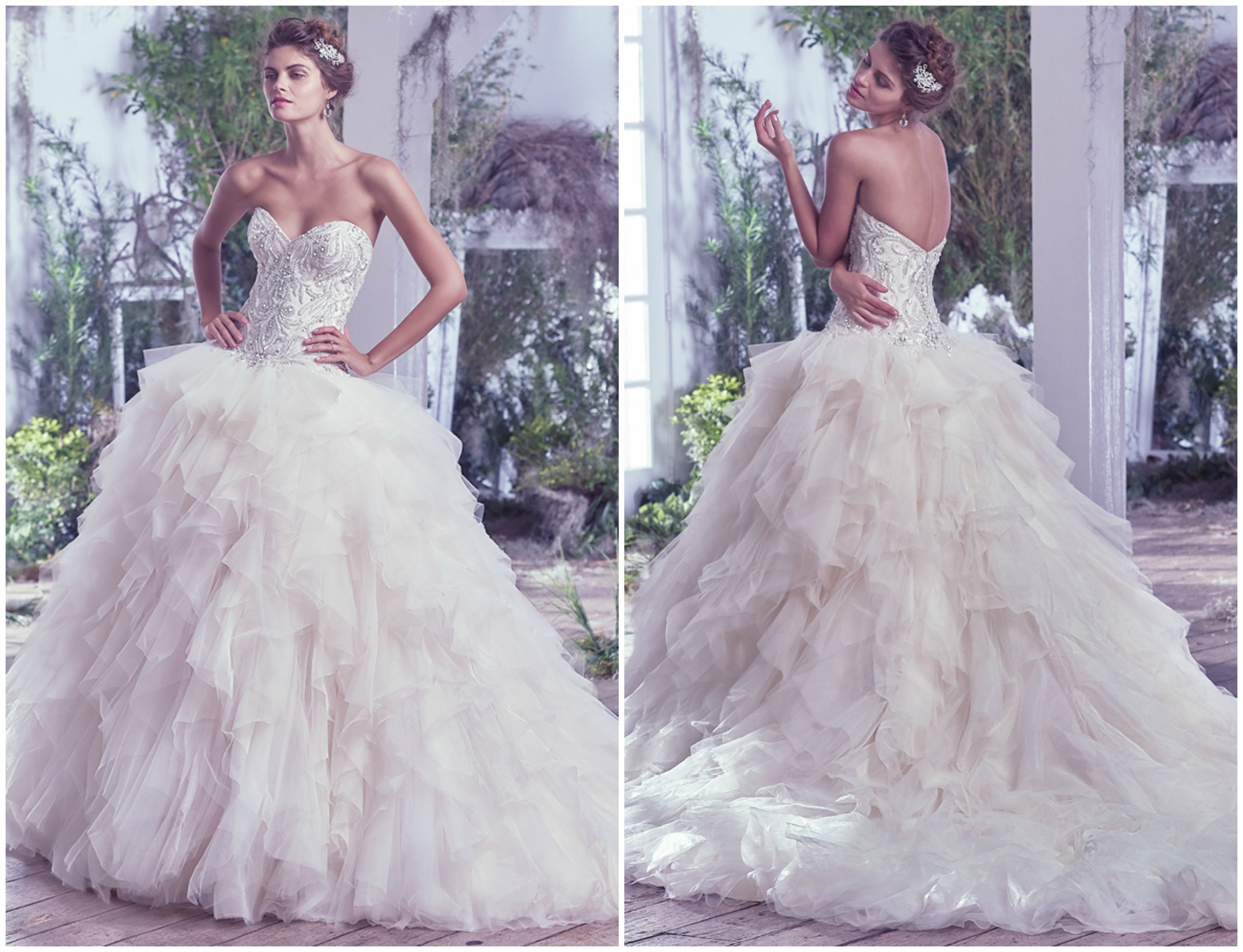 Airy tulle and Chic organza create the dreamy and alluring skirt of this grand ball gown wedding dress, artistically embellished with beading and Swarovski crystals, fitted bodice and romantic sweetheart neckline. Finished with covered buttons over zipper and inner corset closure. Available with extended train (16" longer), Castalia Marie.
<a href="https://www.maggiesottero.com/maggie-sottero/castalia/9688" target="_blank">Maggie Sottero</a>