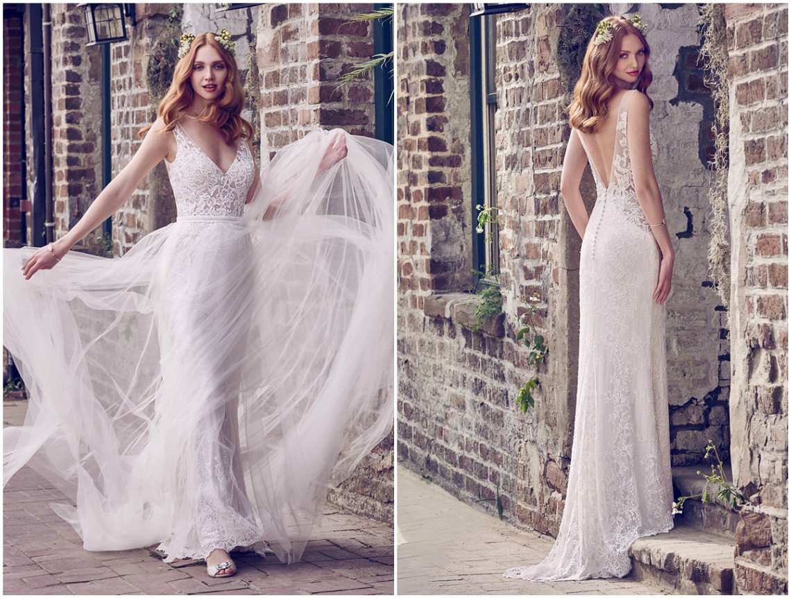 Vestido de noiva de inspiração boho, coberto de aplicações de renda numa silhueta elegante, que acompanha a figura feminina, completado por um corpo com alças, ambos transparentes e também rendados, decote em V, à frente e atrás. Acabamentos com botões forrados sobre fecho zíper. Saia em tule destacável vendida à parte. <a href="https://www.maggiesottero.com/maggie-sottero/hazel/11172?utm_source=zankyou&utm_medium=gowngallery" target="_blank">Maggie Sottero</a>