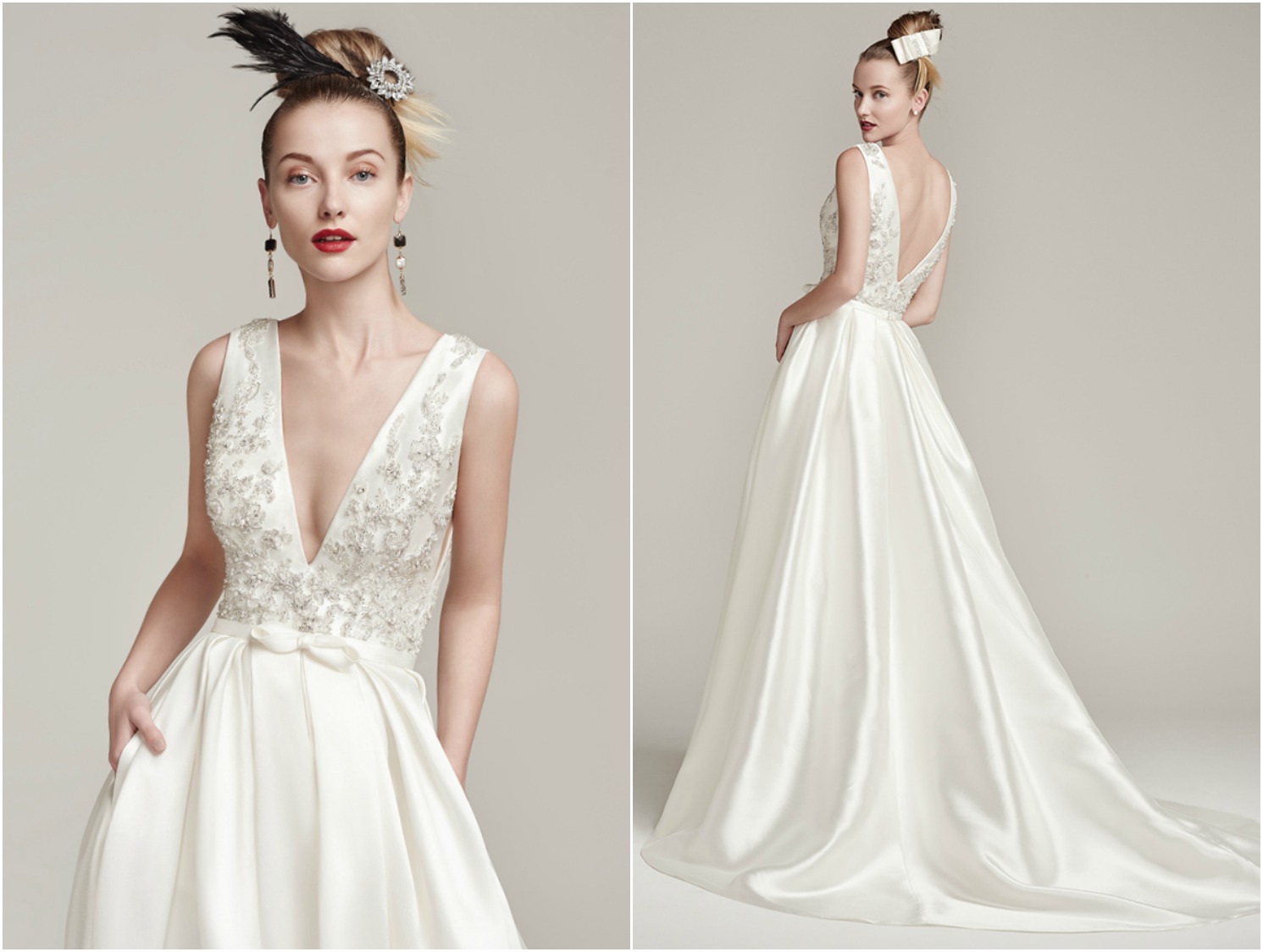 The perfect balance of sexy elegance, this Yaron mikado ball gown features a plunging V-neckline, embroidered lace fitted bodice embellished with Swarovski crystals and beads, and self fabric belt with sophisticated bow. Hidden pockets complete a dramatically pleated skirt. Finished with crystal buttons over zipper closure. A front illusion embroidered lace modesty panel is included for more demure coverage.
<a href="https://www.maggiesottero.com/sottero-and-midgley/margot/9868" target="_blank">Sottero & Midgley</a>