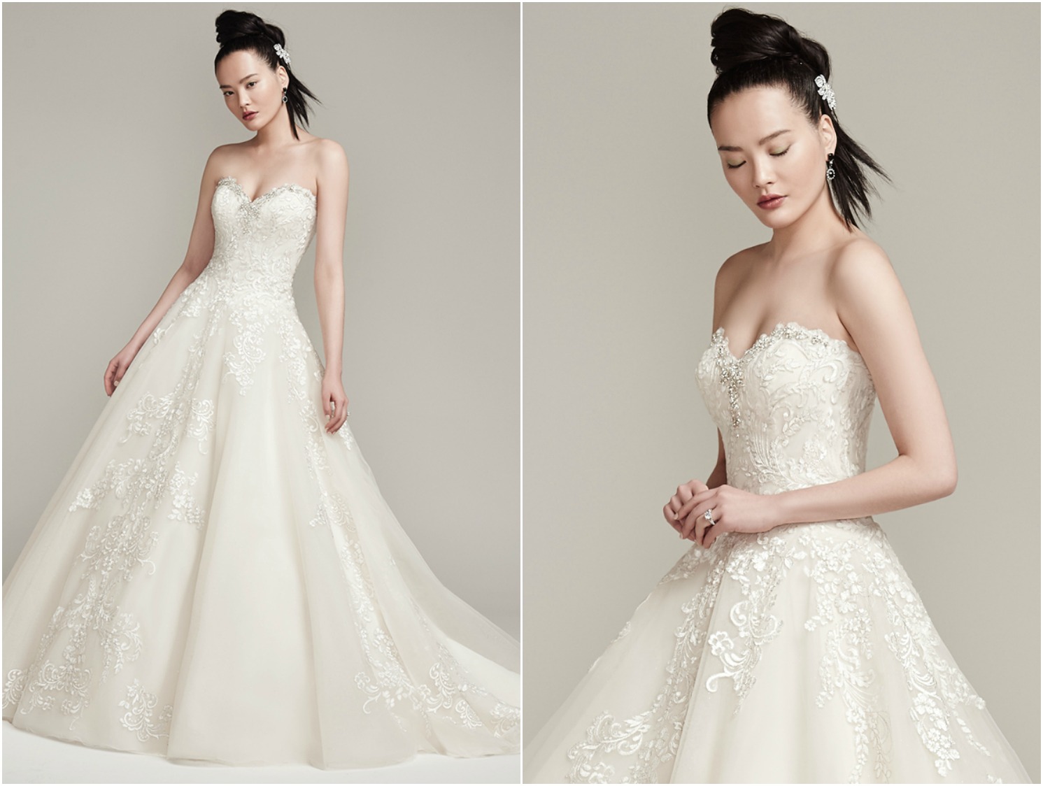 Swarovski crystals trace the sweetheart neckline of this breathtaking lace and tulle ball gown with natural waist. Finished with crystal buttons over zipper and inner corset closure. 

<a href="https://www.maggiesottero.com/sottero-and-midgley/olga/9876" target="_blank">Sottero &amp; Midgley</a>