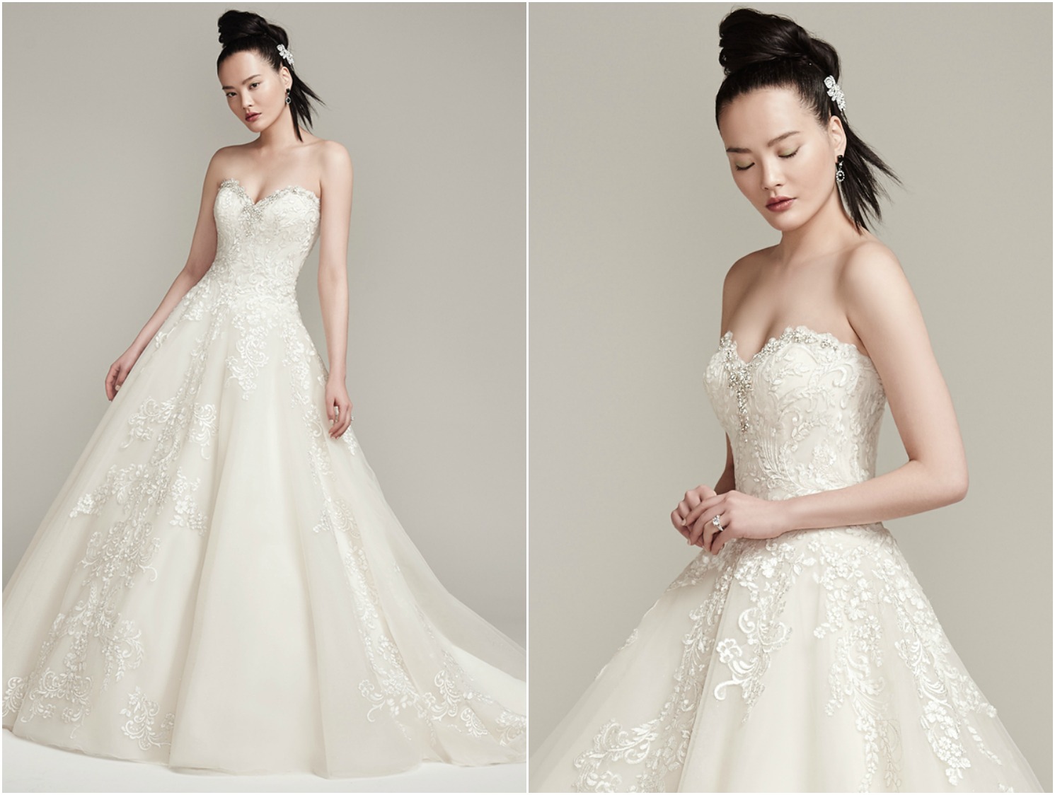 Swarovski crystals trace the sweetheart neckline of this breathtaking lace and tulle ball gown with natural waist. Finished with crystal buttons over zipper and inner corset closure.
<a href="https://www.maggiesottero.com/sottero-and-midgley/olga/9876" target="_blank">Sottero & Midgley</a>