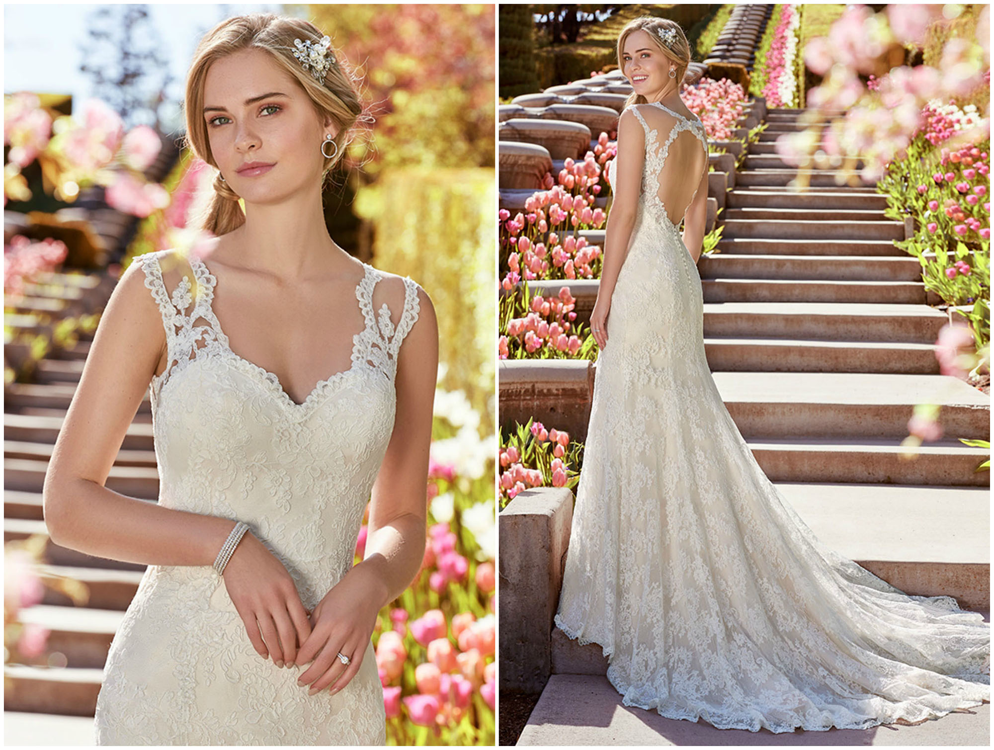Aplicações suaves de renda cobrem o tule deste vestido de noiva fit-and-flare que termina numa cauda e tem um corpete com decote de coração, sustentado por umas bonitas e trabalhadas alças com rendas e transparência. Acabamentos com botões forrados sobre fecho de correr.
<a href="https://www.maggiesottero.com/rebecca-ingram/shirley/11265?utm_source=zankyou&utm_medium=gowngallery" target="_blank">Rebecca Ingram</a>