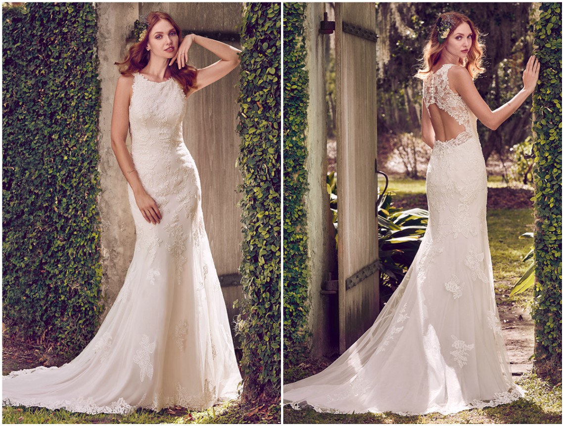 Aplicações em renda que caem em cascata sobre o tule neste modelo cingido ao corpo, com decote em barco e decote ilusão nas costas. Acabamento com botões de cristal e fecho em zíper. <a href="https://www.maggiesottero.com/maggie-sottero/rhonda/11191?utm_source=zankyou&utm_medium=gowngallery" target="_blank">Maggie Sottero</a>