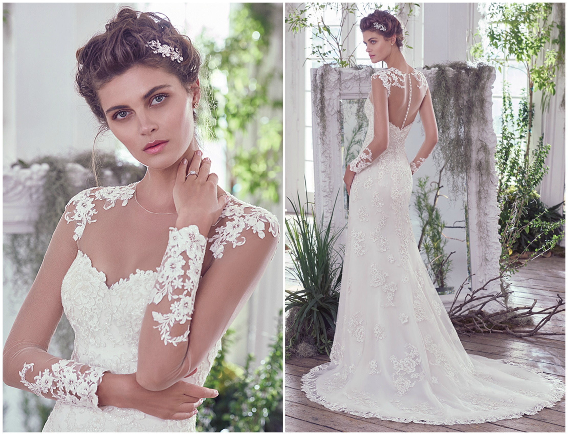 Shimmering lace appliqués adorn this sheath wedding dress with sweetheart neckline. Finished with pearl buttons over zipper and inner corset back closure. An illusion tulle bodysuit features coordinating lace motifs floating along the shoulder and completing the cuffs of the sheer long sleeves. A romantic tulle overskirt is ornamented with swirling Dione organza folds of fabric creating a dramatic hemline. Illusion tulle bodysuit with lace motifs, Detachable tulle overskirt and Beaded motif on tulle belt featuring Swarovski crystals sold separately.
<a href="https://www.maggiesottero.com/maggie-sottero/rosaleigh/9721" target="_blank">Maggie Sottero</a>
