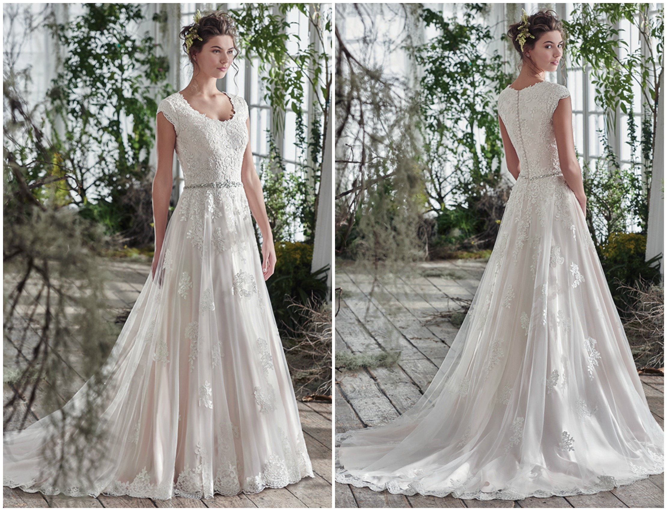 Exquisite lace details artfully cover the fitted bodice before cascading down the full A-Line skirt of this elegant tulle wedding dress. Complete with a soft scoop neckline, lined lace cap-sleeves, and an exquisitely beaded belt. Finished with covered buttons over zipper and inner elastic closure.
<a href="https://www.maggiesottero.com/maggie-sottero/shannon/9769" target="_blank">Maggie Sottero</a>