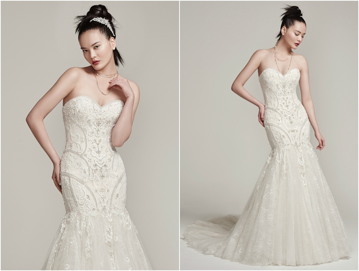 Modern beading featuring Swarovski crystals decorates the fitted bodice of this ultra-feminine  all over lace fit and flare wedding dress, complete with soft sweetheart neckline and weightless tulle and lace skirt. Finished with illusion lace back and covered buttons over zipper closure. 

<a href="https://www.maggiesottero.com/sottero-and-midgley/nina/9875" target="_blank">Sottero &amp; Midgley</a>