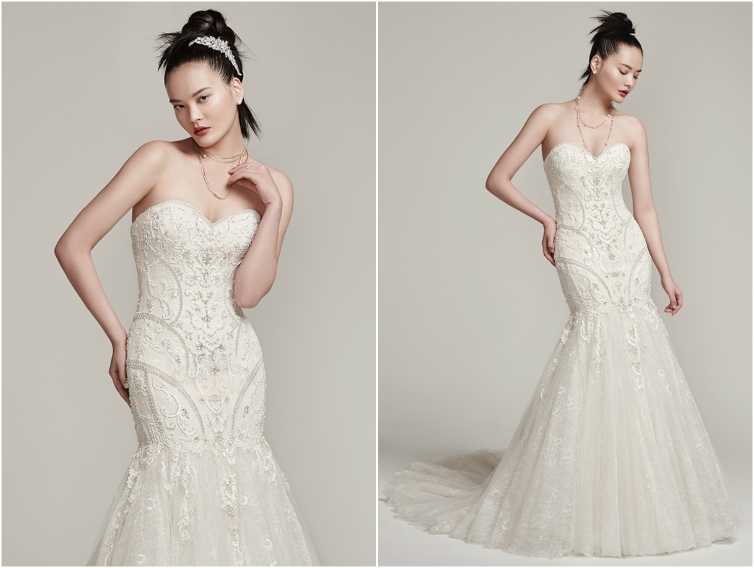 Modern beading featuring Swarovski crystals decorates the fitted bodice of this ultra-feminine all over lace fit and flare wedding dress, complete with soft sweetheart neckline and weightless tulle and lace skirt. Finished with illusion lace back and covered buttons over zipper closure.
<a href="https://www.maggiesottero.com/sottero-and-midgley/nina/9875" target="_blank">Sottero & Midgley</a>
