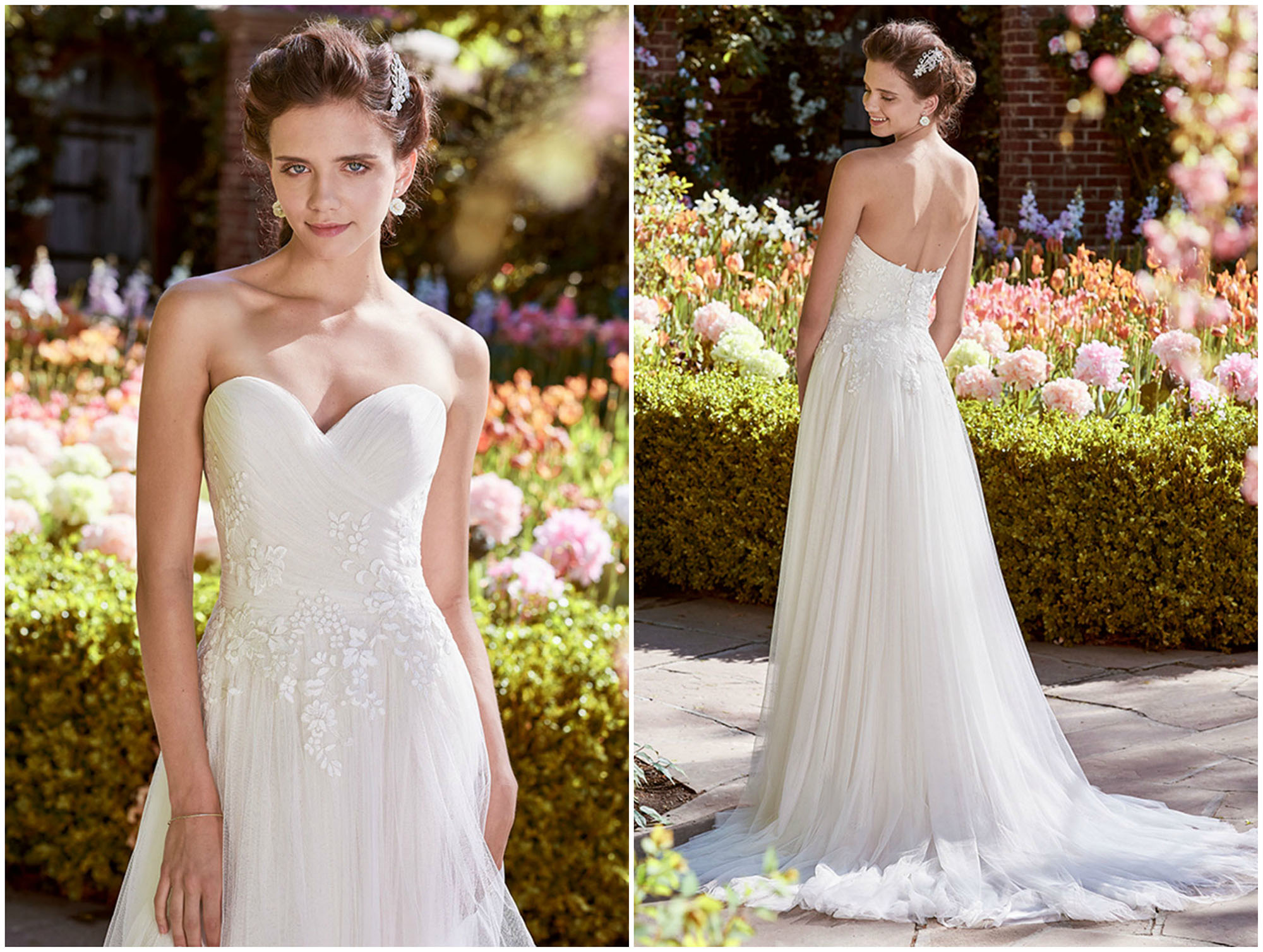 Delicados motivos de renda adornam a cintura deste vestido de noiva, com corpo ligeiramente plissado e assimétrico, decote coração e saia de tule. Acabamentos com botões forrados sobre corset interior e fecho de correr.
<a href="https://www.maggiesottero.com/rebecca-ingram/hilary/11245?utm_source=zankyou&utm_medium=gowngallery" target="_blank">Rebecca Ingram</a>