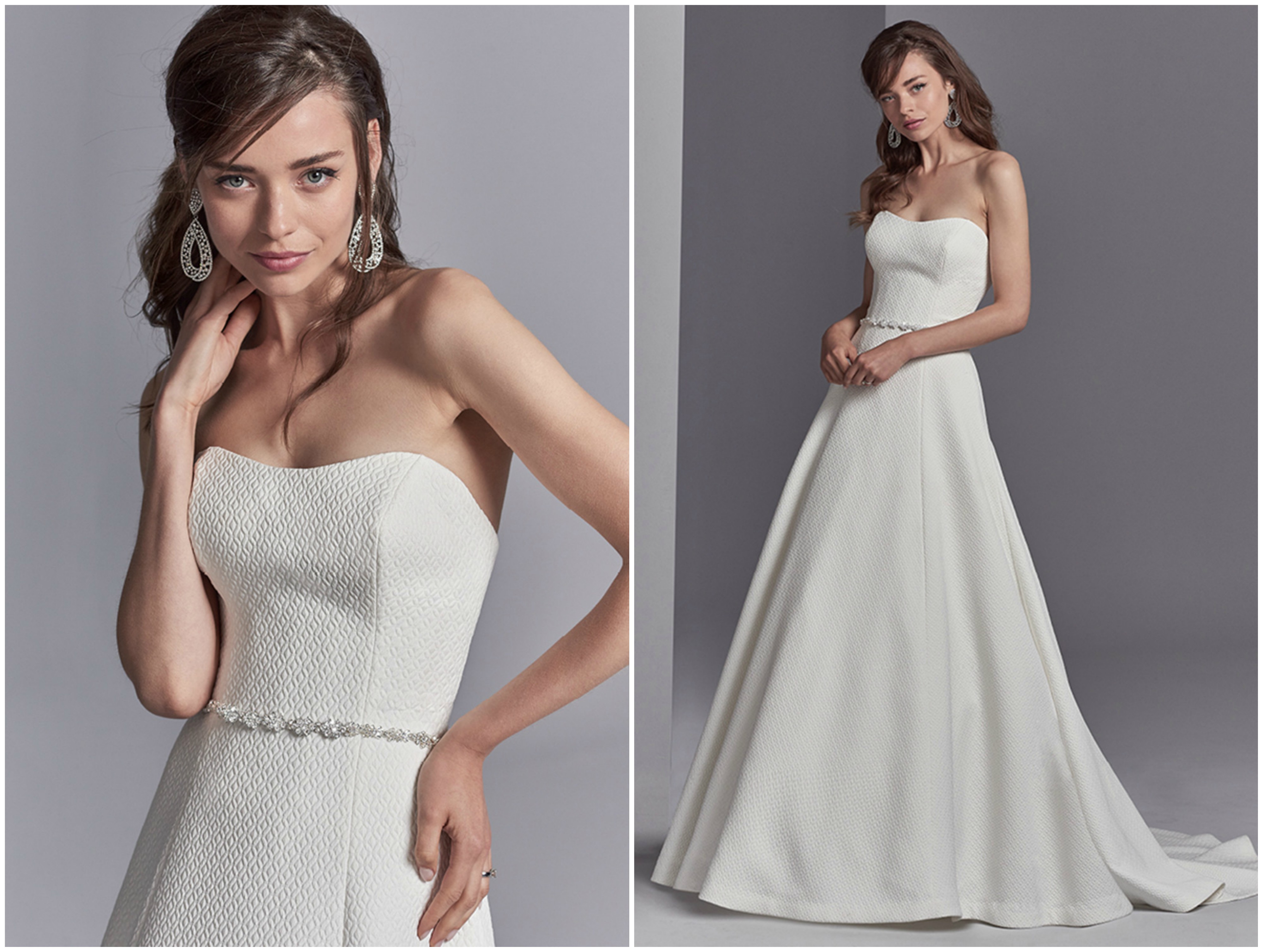 Composto por um tecido especialmente texturizado, este vestido de noiva único com corte linha-A é acentuado por um cinto com cristais Swarovski e decote cai-cai. Modelo forrado para um ajuste perfeito. Acabamentos com botões de cristal sobre fecho de correr.
<a href="https://www.maggiesottero.com/sottero-and-midgley/princeton/11224?utm_source=zankyou&utm_medium=gowngallery" target="_blank">Sottero and Midgley</a>