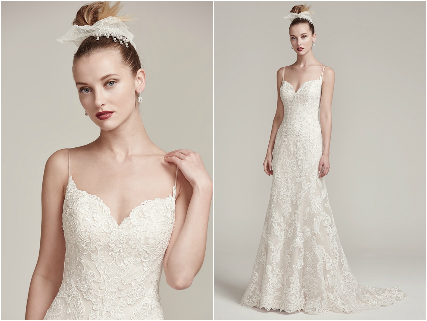 Soft meets sexy in this crosshatch tulle and lace sheath wedding dress with delicate spaghetti straps, sweetheart neckline and scalloped hemline. Finished with illusion tulle back and covered buttons over zipper closure.
<a href="https://www.maggiesottero.com/sottero-and-midgley/parker/9877" target="_blank">Sottero & Midgley</a>