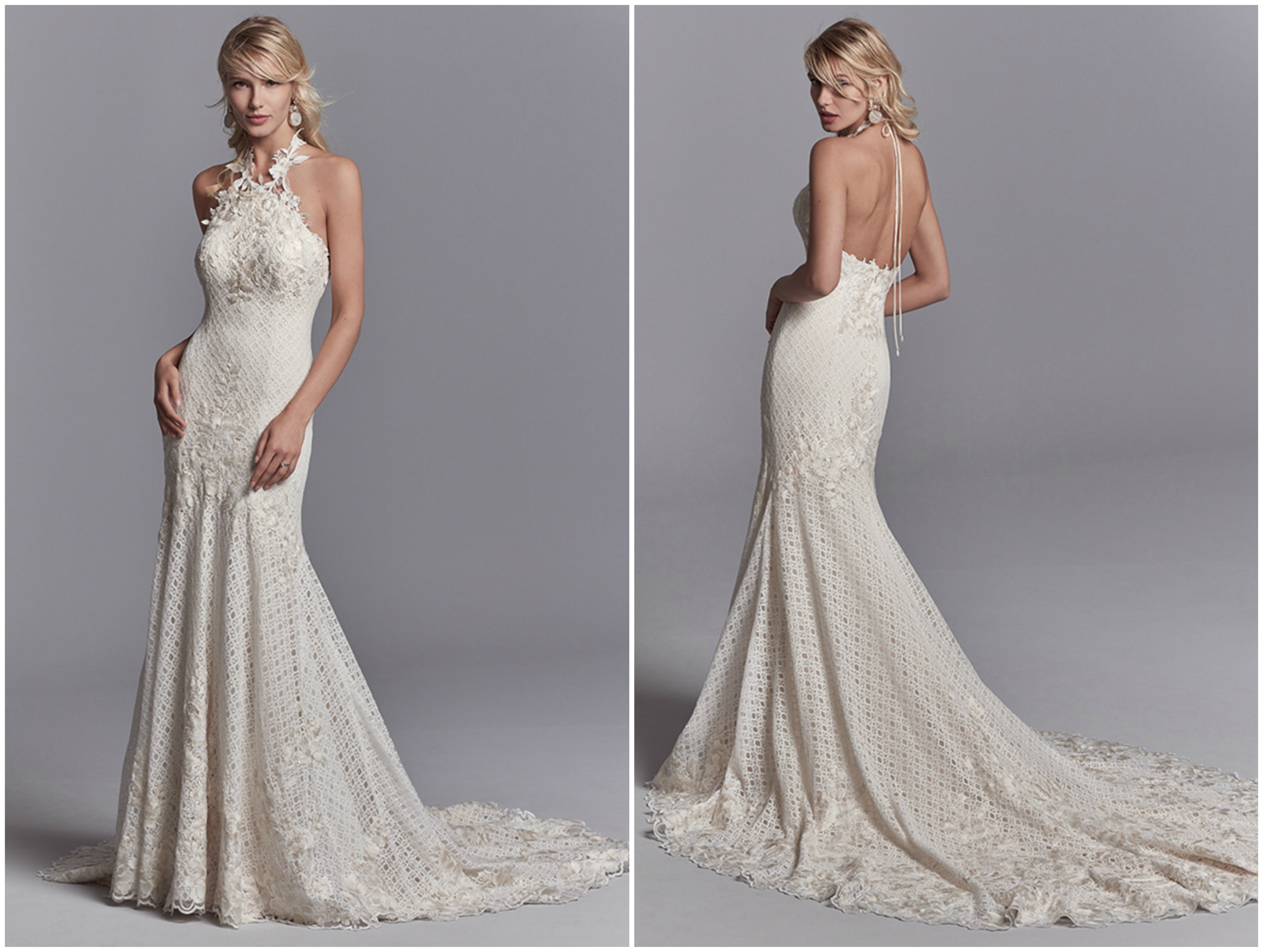Um vestido de noiva bordado, com motivos de renda florar que caem em cascata ao longo da figura, acentuando o busto e a saia flit-and-flare, que termina numa cauda. As flores da renda criam um decote halter, amarrado atrás do pescoço e caindo sobre as costas nuas. Vestido forrado para um ajuste perfeito. Acabamento com fecho de correr.
<a href="https://www.maggiesottero.com/sottero-and-midgley/chance/11204?utm_source=zankyou&utm_medium=gowngallery" target="_blank">Sottero and Midgley</a>