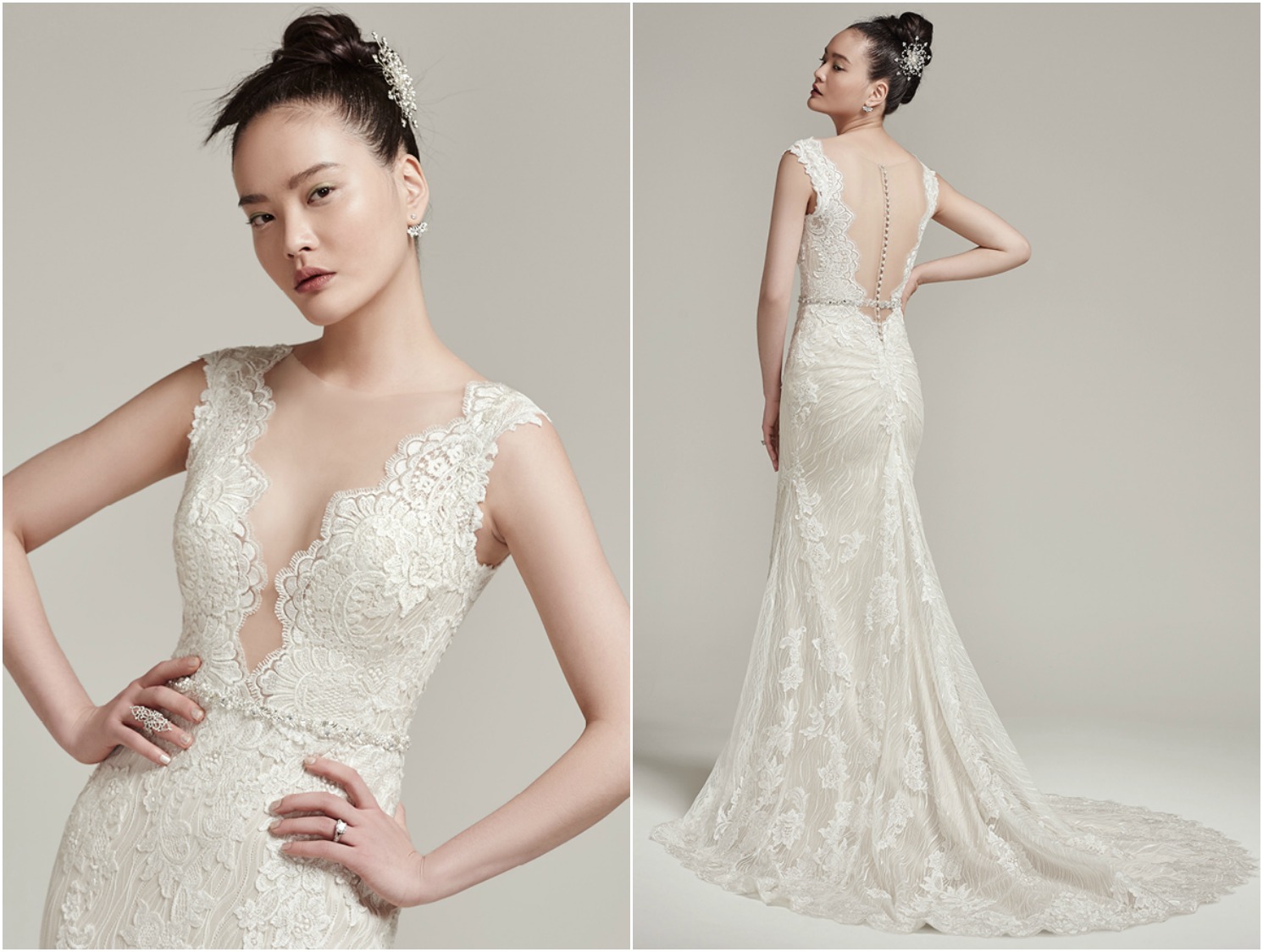 Sophisticated and effortlessly glamorous, this modern lace sheath wedding dress flaunts a sexy, plunging illusion neckline, beaded belt, and lace cap-sleeves. Complete with illusion back with ruched details. Finished with pearl buttons over zipper closure. 

<a href="https://www.maggiesottero.com/sottero-and-midgley/wyatt/9890" target="_blank">Sottero &amp; Midgley</a>